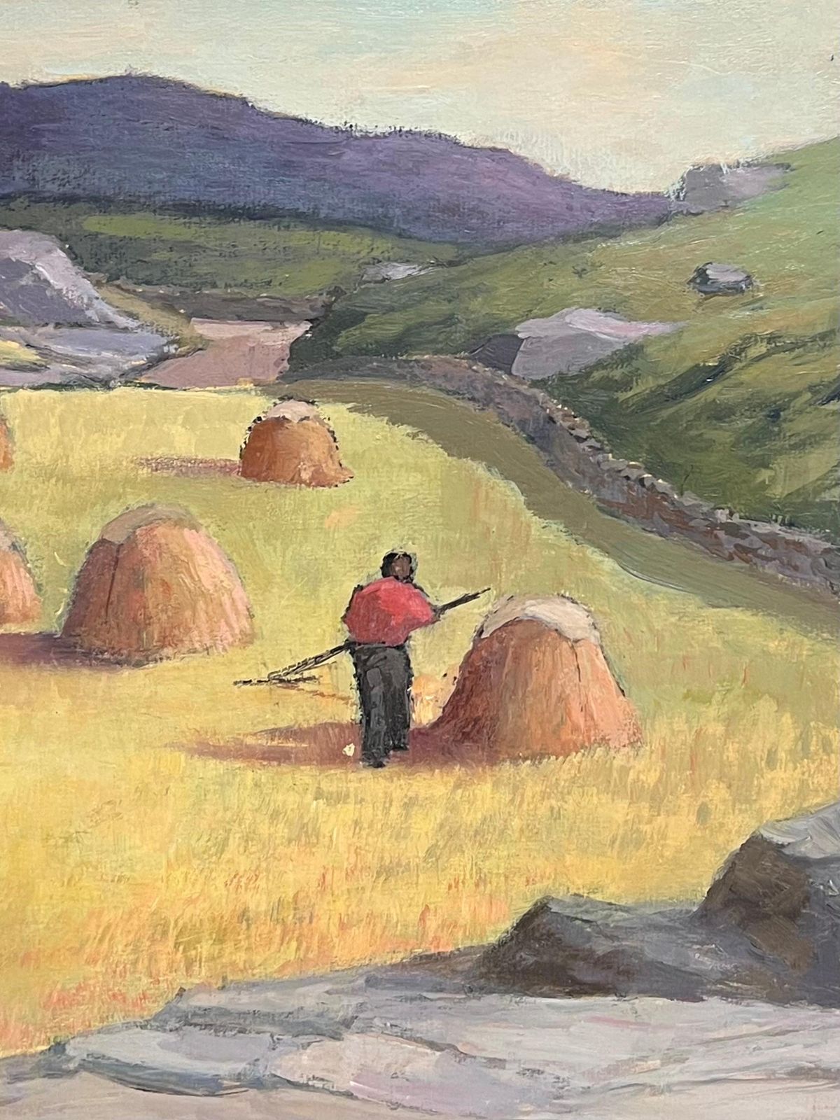 Irish School (Late 20th Century)irish Impressionist Oil Painting Haystooks In Landscape Field Harvest Workers photo 1313.0
