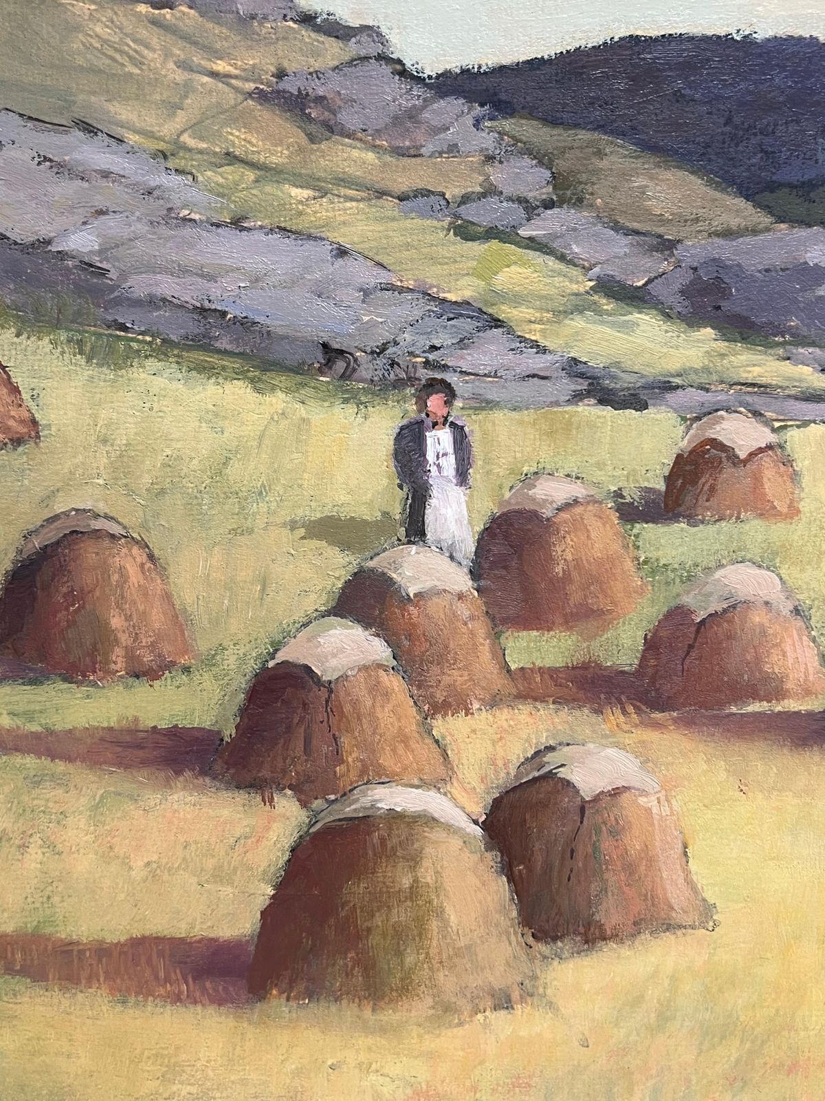Irish School (Late 20th Century)irish Impressionist Oil Painting Haystooks In Landscape Field Harvest Workers photo vintage