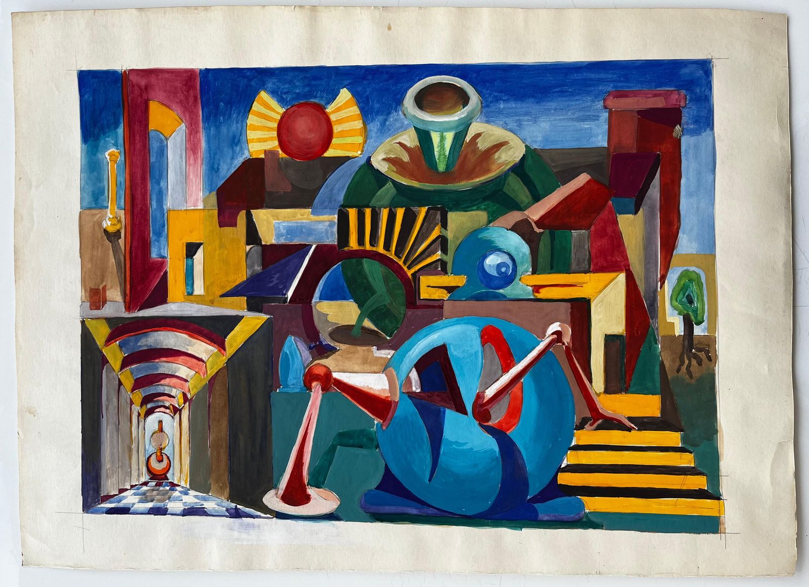 Guy Nicodcubist French Abstract Composition With Geometric Shapes And Blue Sphere photo furniture
