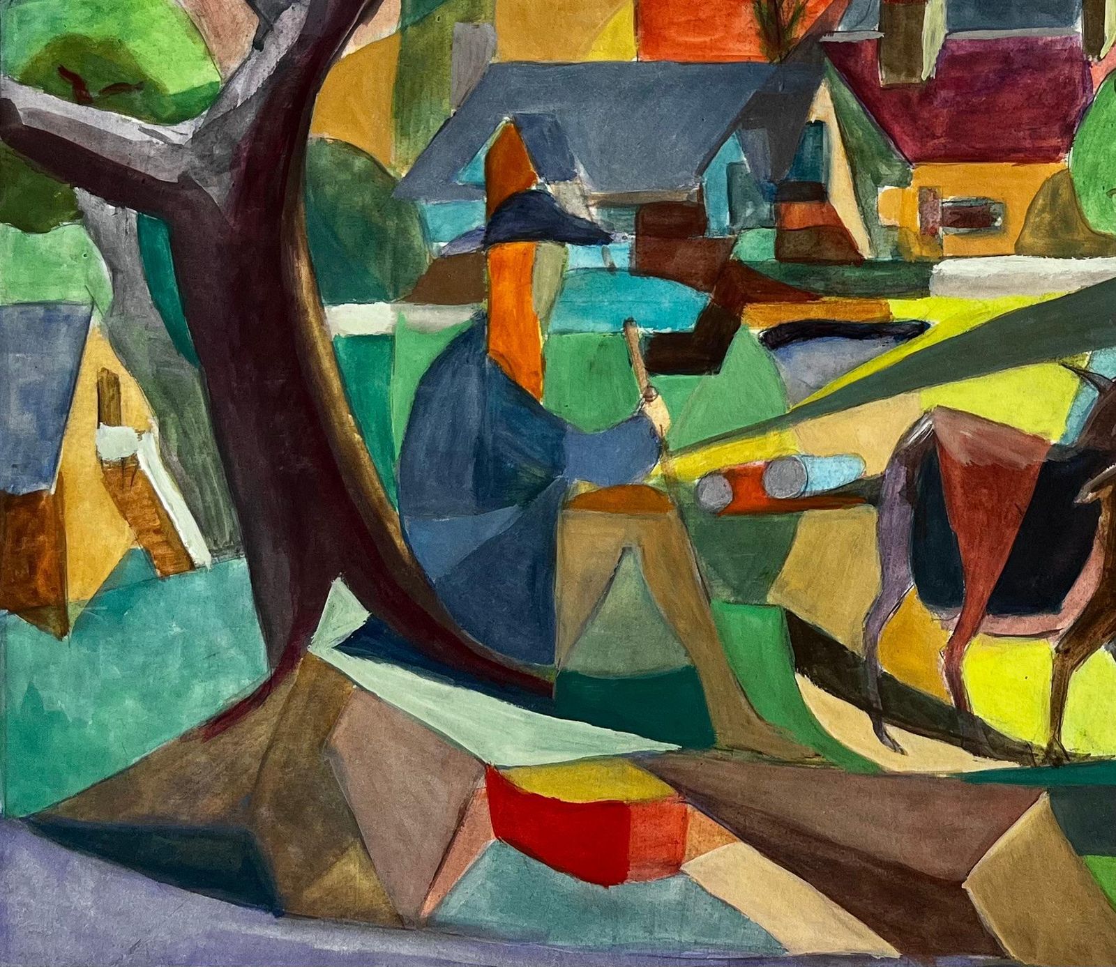 Guy Nicod Cubist Gouache French Village Landscape With Deer Church Trees And Hills photo 636.0