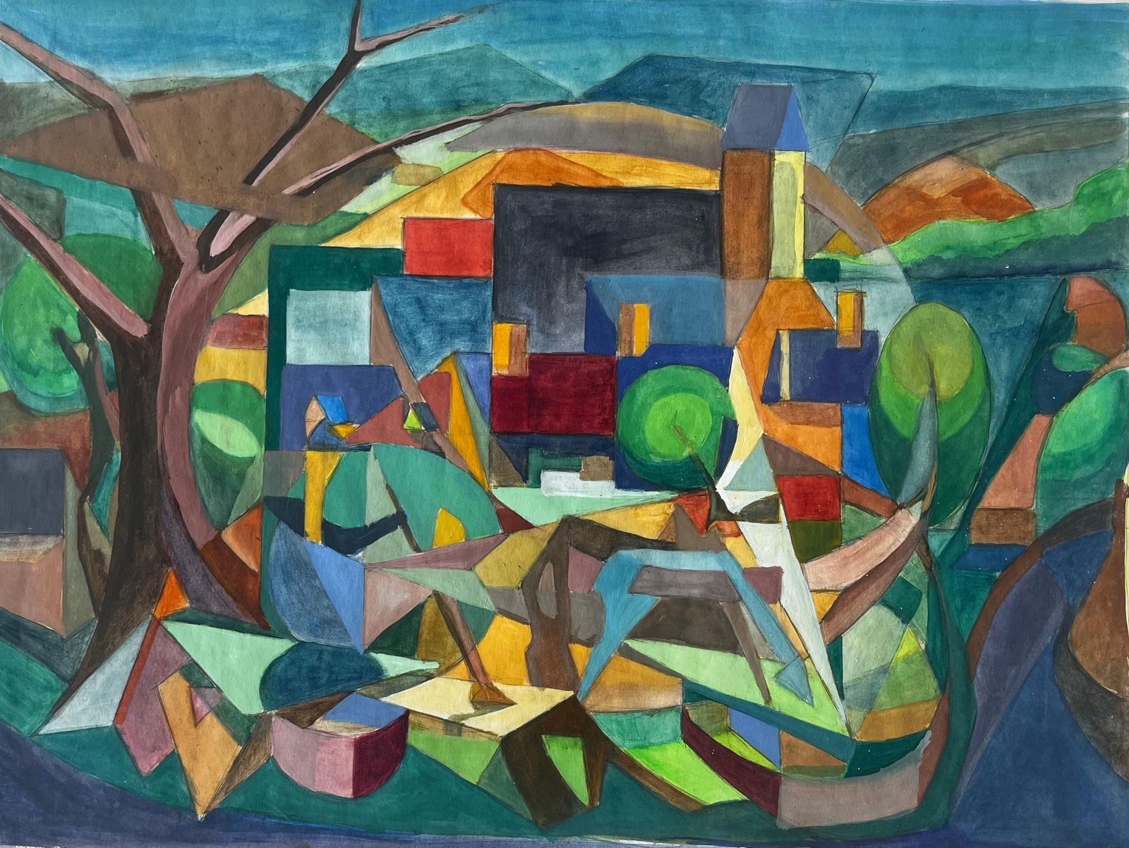 Guy Nicodcubist Gouache French Village Landscape With Trees Houses And Church Tower