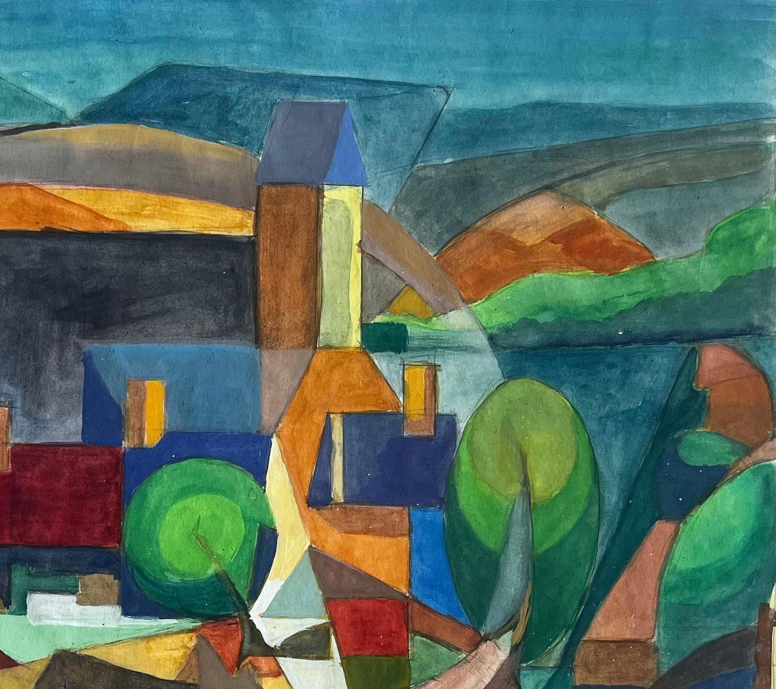 Guy Nicodcubist Gouache French Village Landscape With Trees Houses And Church Tower photo for sale