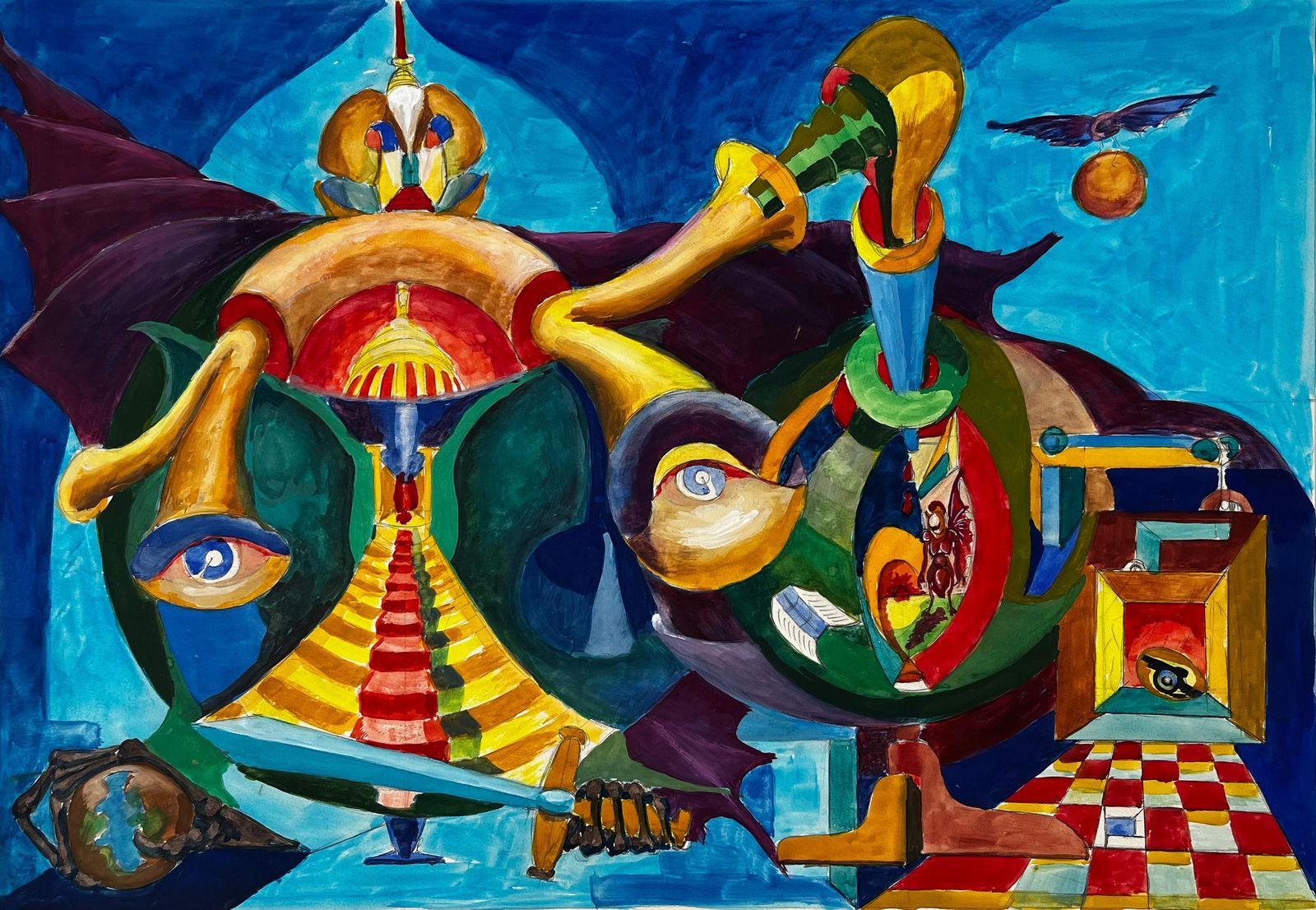 Guy Nicodcubist French Surreal Abstract Composition With Eyes Figures And Geometric Forms
