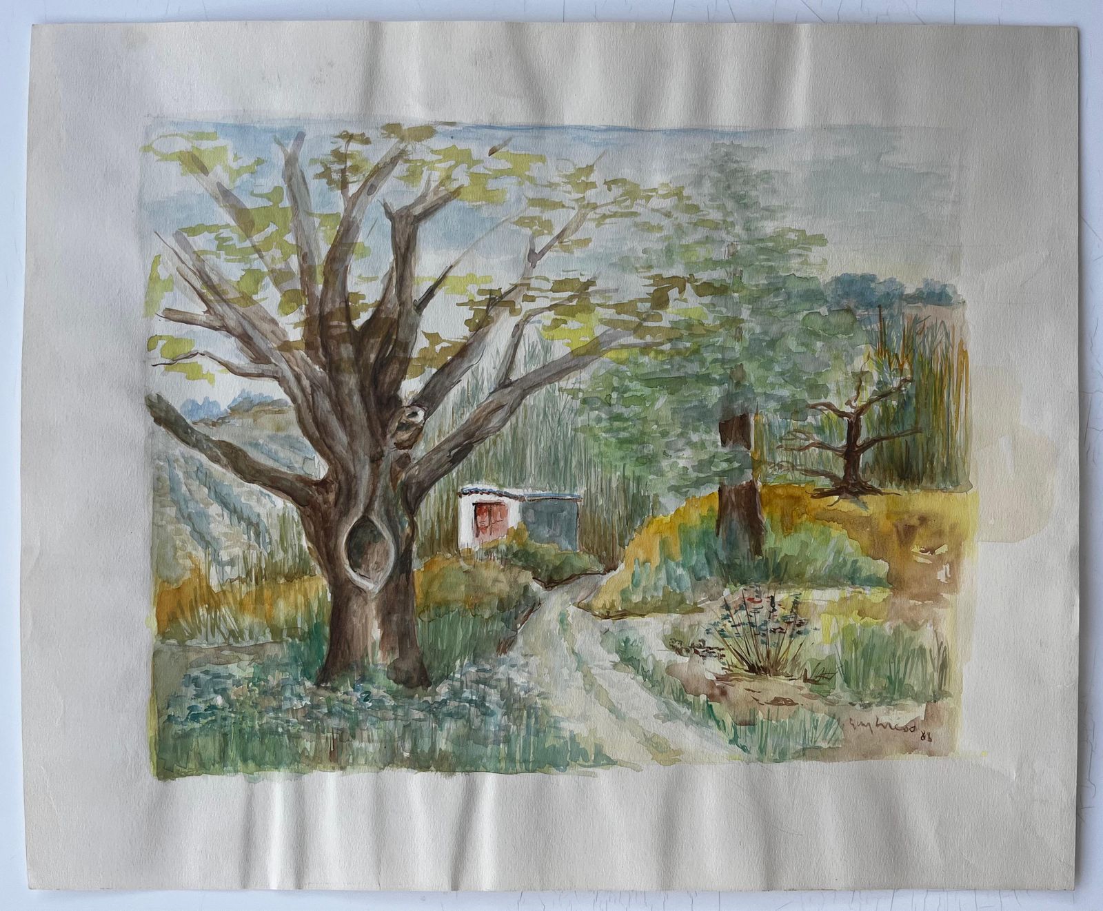 Guy Nicodfrench Countryside Path With Tree And Cottage Watercolour Landscape Painting photo furniture