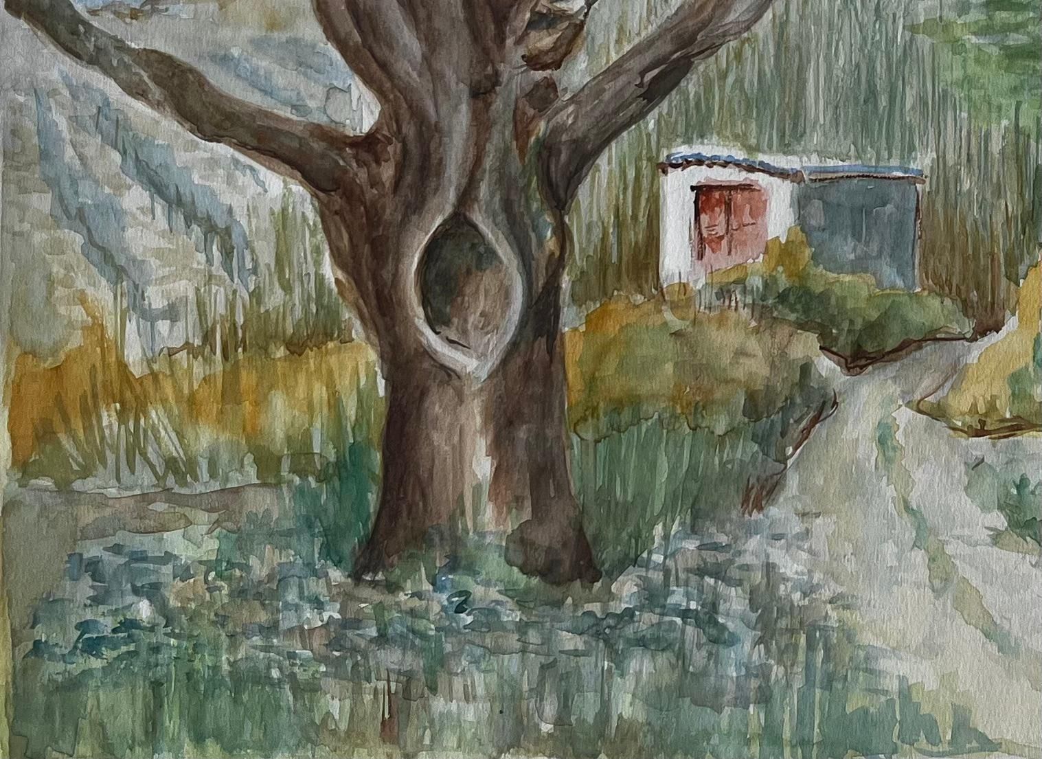 Guy Nicodfrench Countryside Path With Tree And Cottage Watercolour Landscape Painting photo vinterior