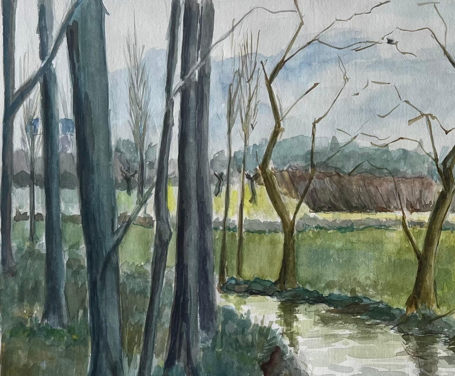 Guy Nicodfrench Riverbank With Trees And Reflections Watercolour Landscape Painting photo vinterior