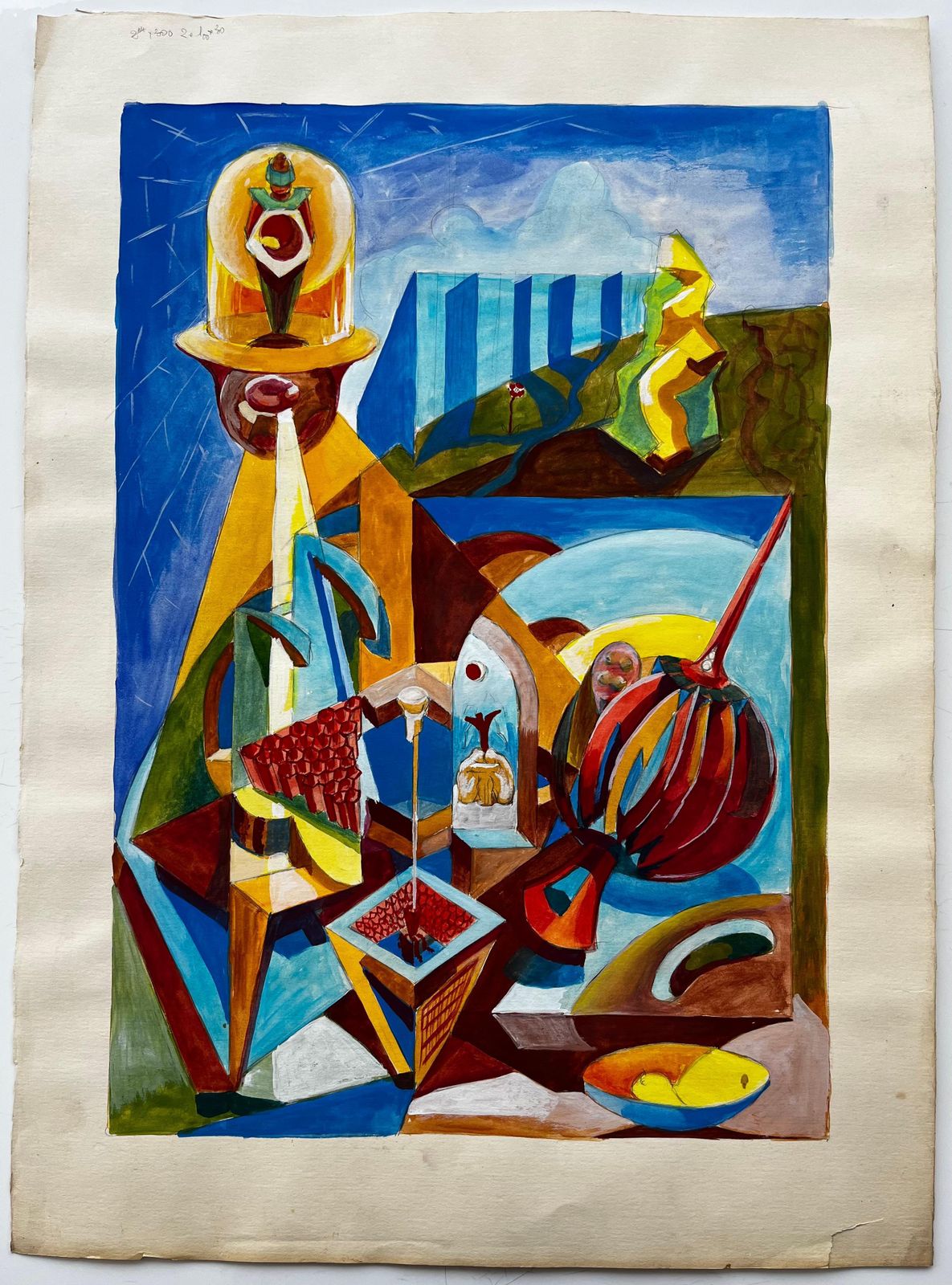 Guy Nicod Cubist Gouache French Still Life With Fruit Bowl And Geometric Shapes photo furniture