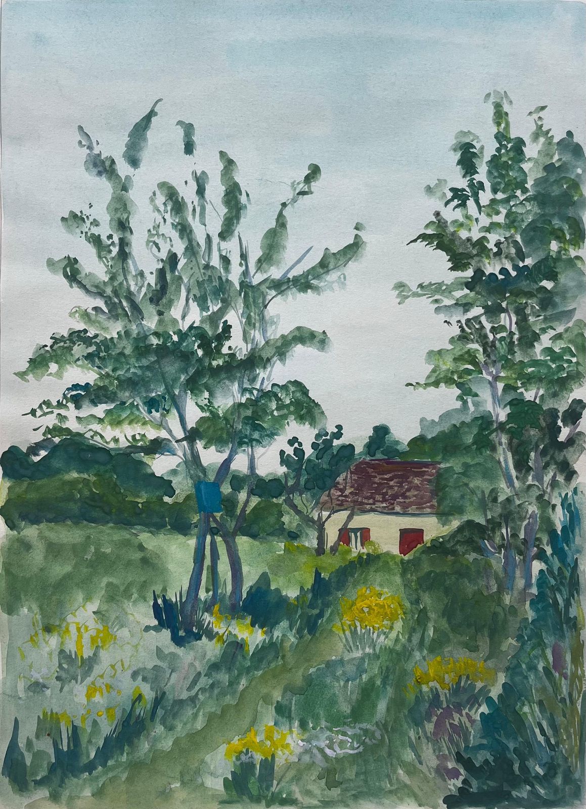 Guy Nicodfrench Countryside Cottage With Trees And Wildflowers Gouache Landscape