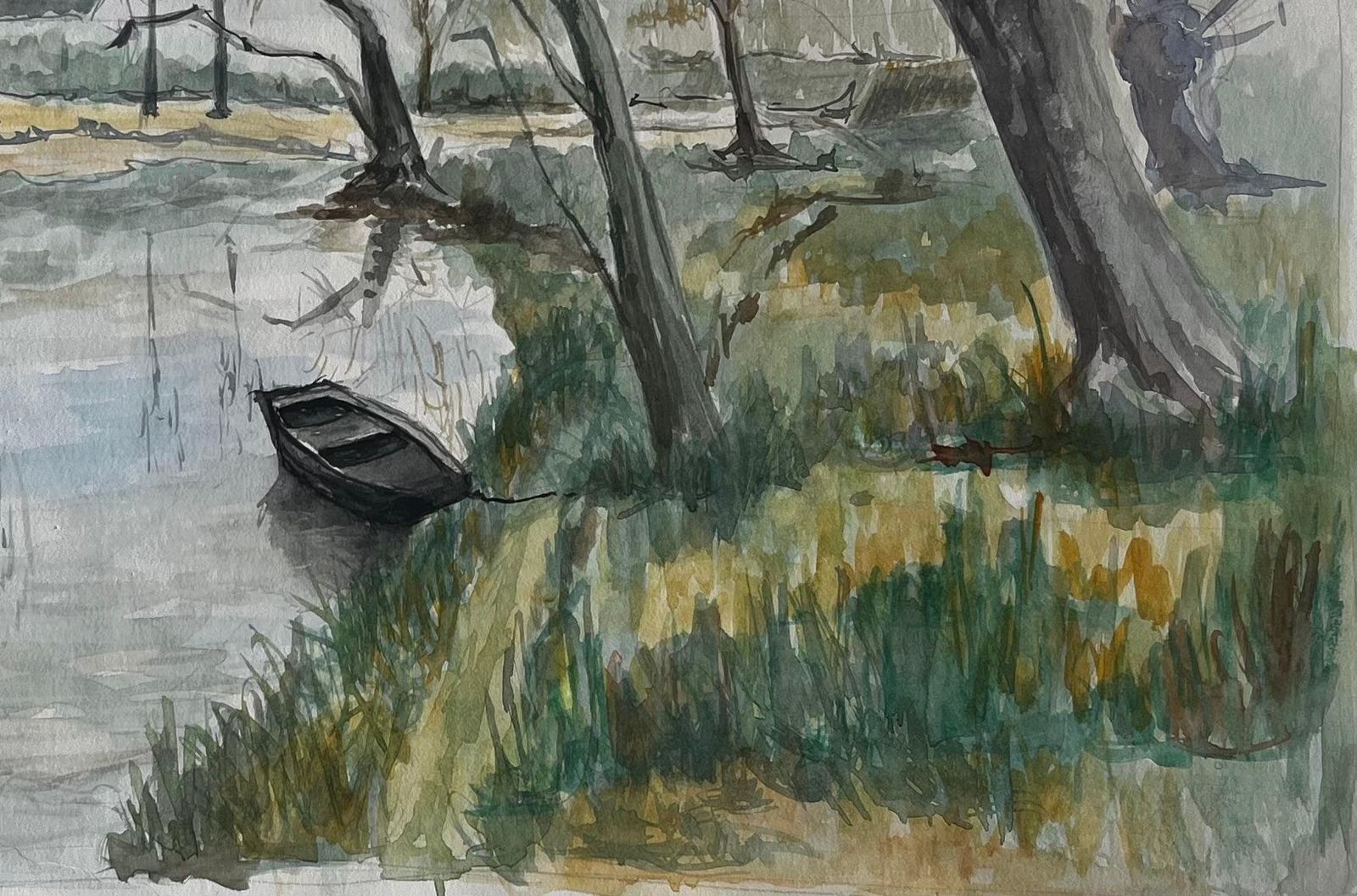 Guy Nicodfrench River Landscape With Bare Winter Trees And Rowing Boat Watercolour photo furniture