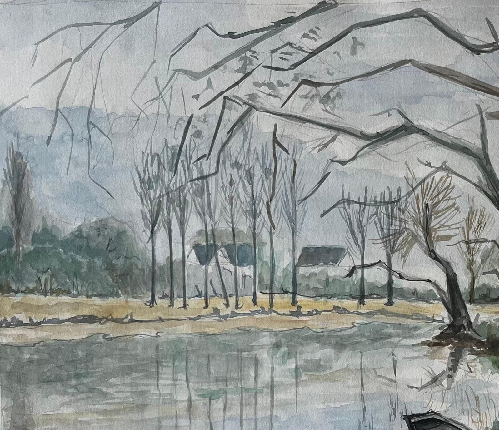 Guy Nicodfrench River Landscape With Bare Winter Trees And Rowing Boat Watercolour photo vinterior