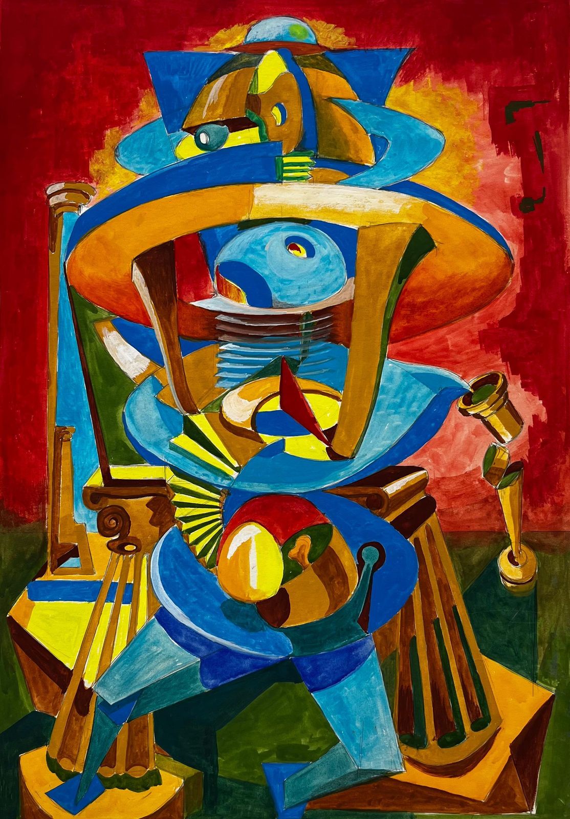Guy Nicod Cubist Gouache French Abstract Figure With Geometric Shapes Red And Blue