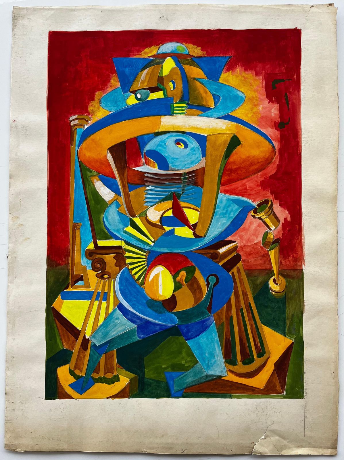 Guy Nicod Cubist Gouache French Abstract Figure With Geometric Shapes Red And Blue photo furniture