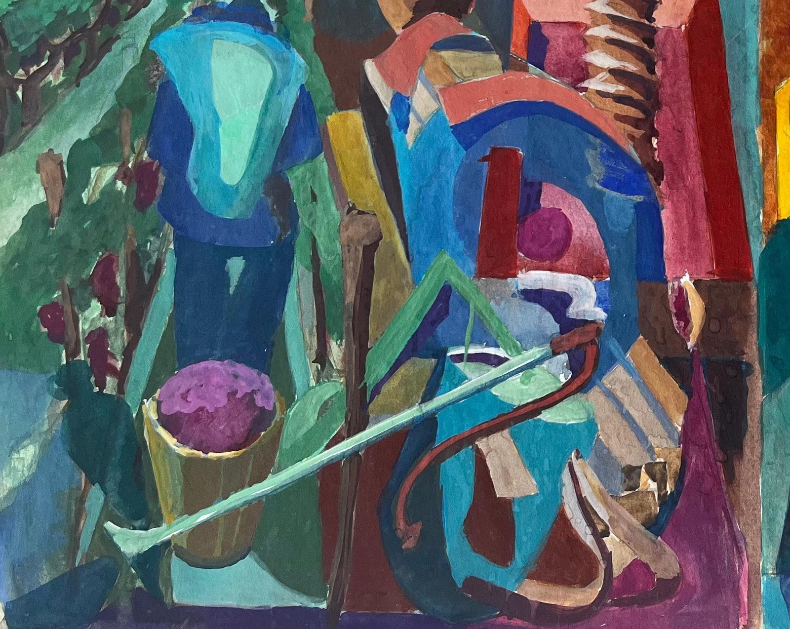 Guy Nicodcubist Gouache French Farmyard Scene With Animals Figures Wine Barrels And Tools photo vinterior