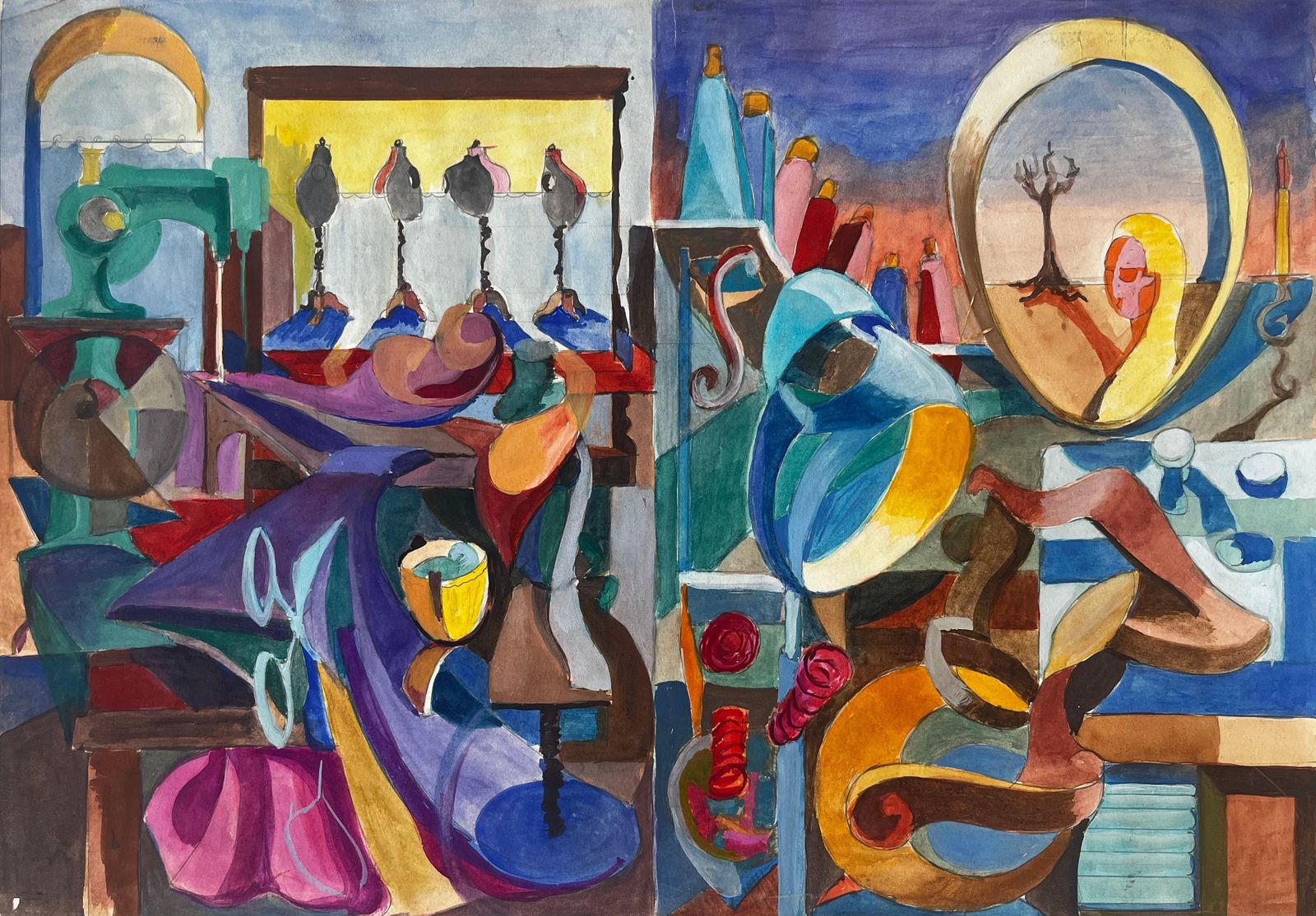 Guy Nicod Cubist Artist Studio With Sewing Mannequins Spools Of Thread And Surreal Mirror