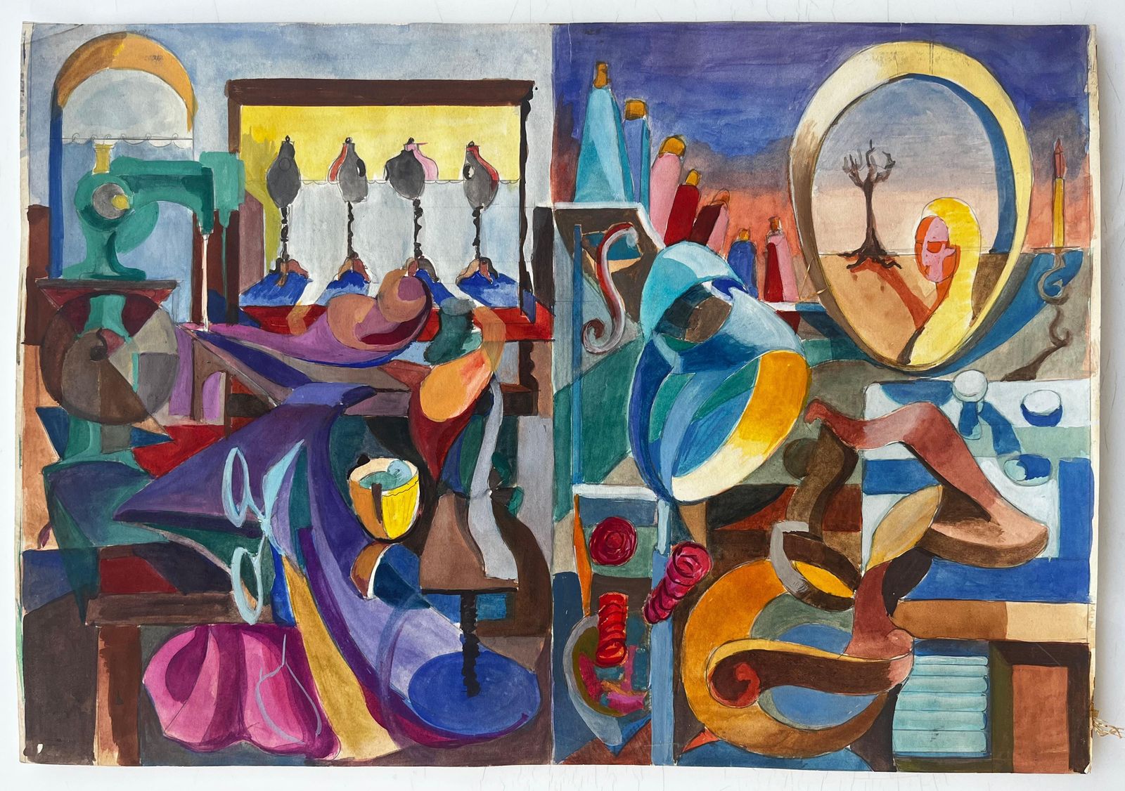 Guy Nicod Cubist Artist Studio With Sewing Mannequins Spools Of Thread And Surreal Mirror photo furniture