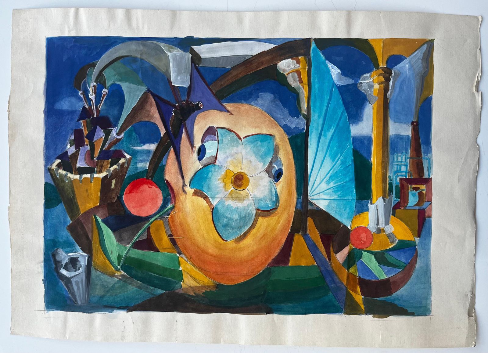 Guy Nicod Cubist Surreal Still Life With Flower Fruit Basket And Architectural Columns photo furniture