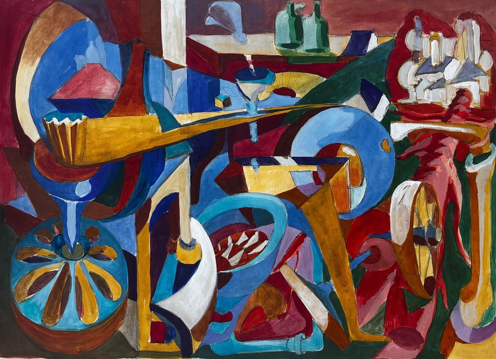 Guy Nicod Cubist Gouache Still Life With Bottles Glasses Table And Musical Instruments