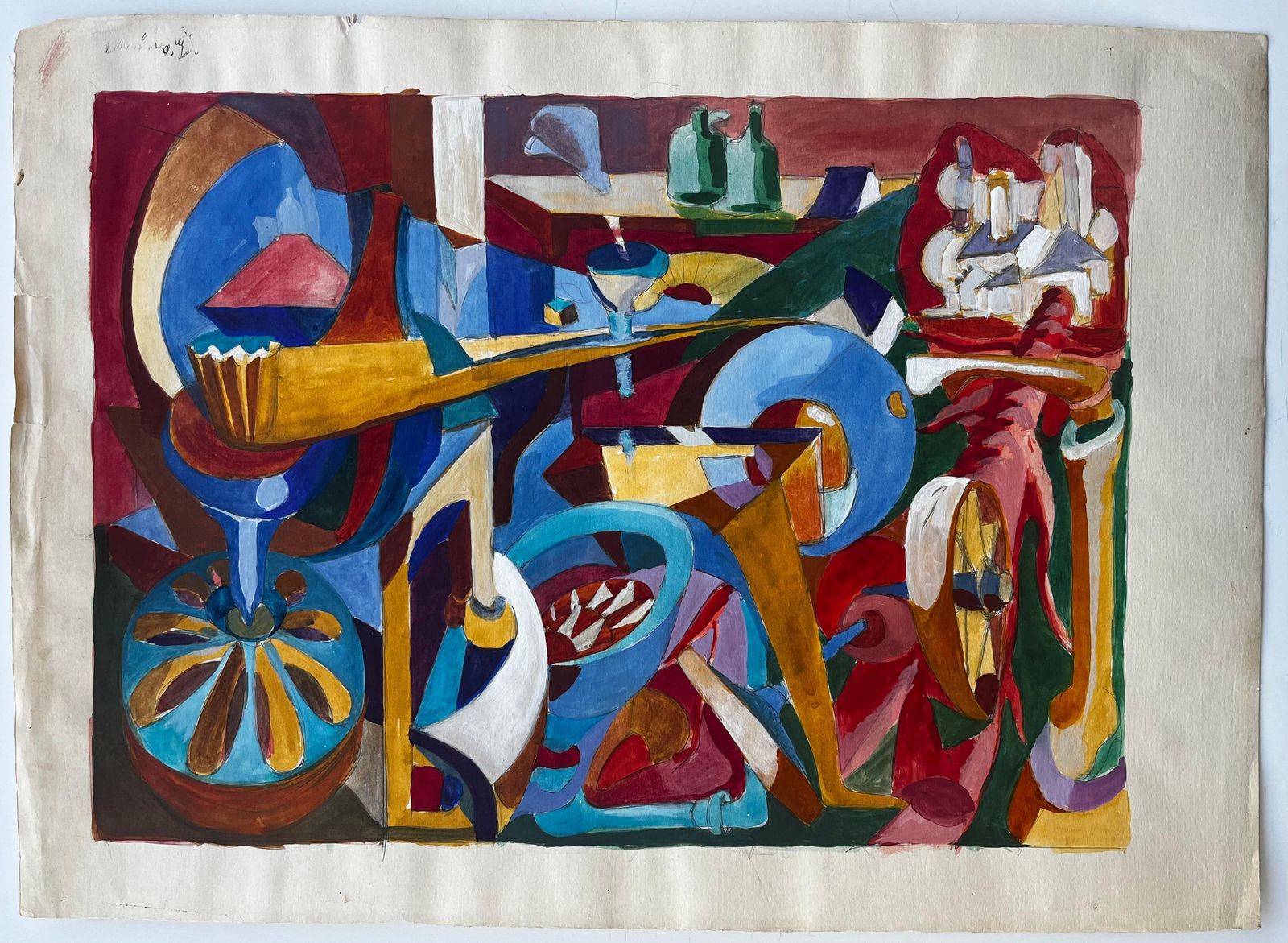 Guy Nicod Cubist Gouache Still Life With Bottles Glasses Table And Musical Instruments photo furniture
