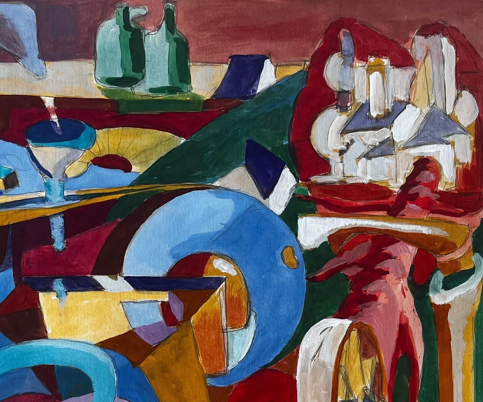 Guy Nicod Cubist Gouache Still Life With Bottles Glasses Table And Musical Instruments photo for sale