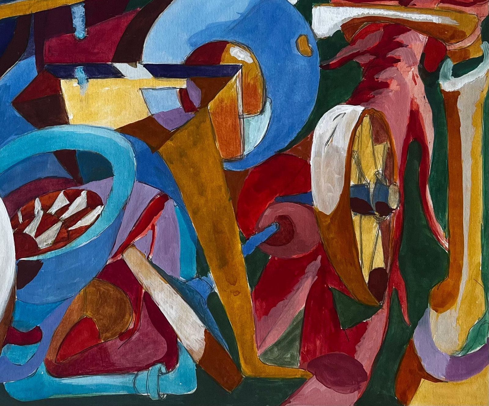 Guy Nicod Cubist Gouache Still Life With Bottles Glasses Table And Musical Instruments photo Art