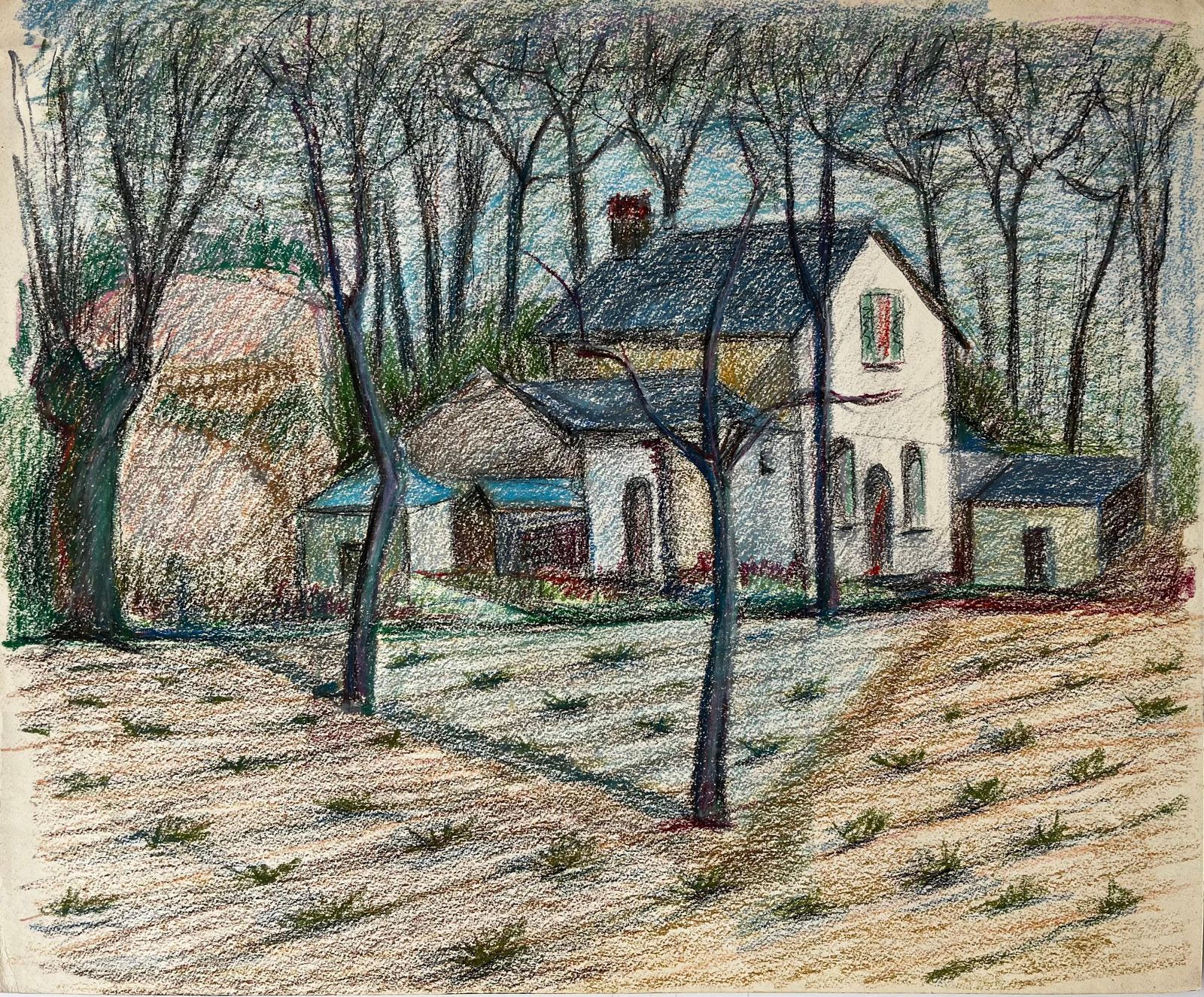 Guy Nicodwhite French Farmhouse Among Bare Trees With Ploughed Field Pastel Drawing