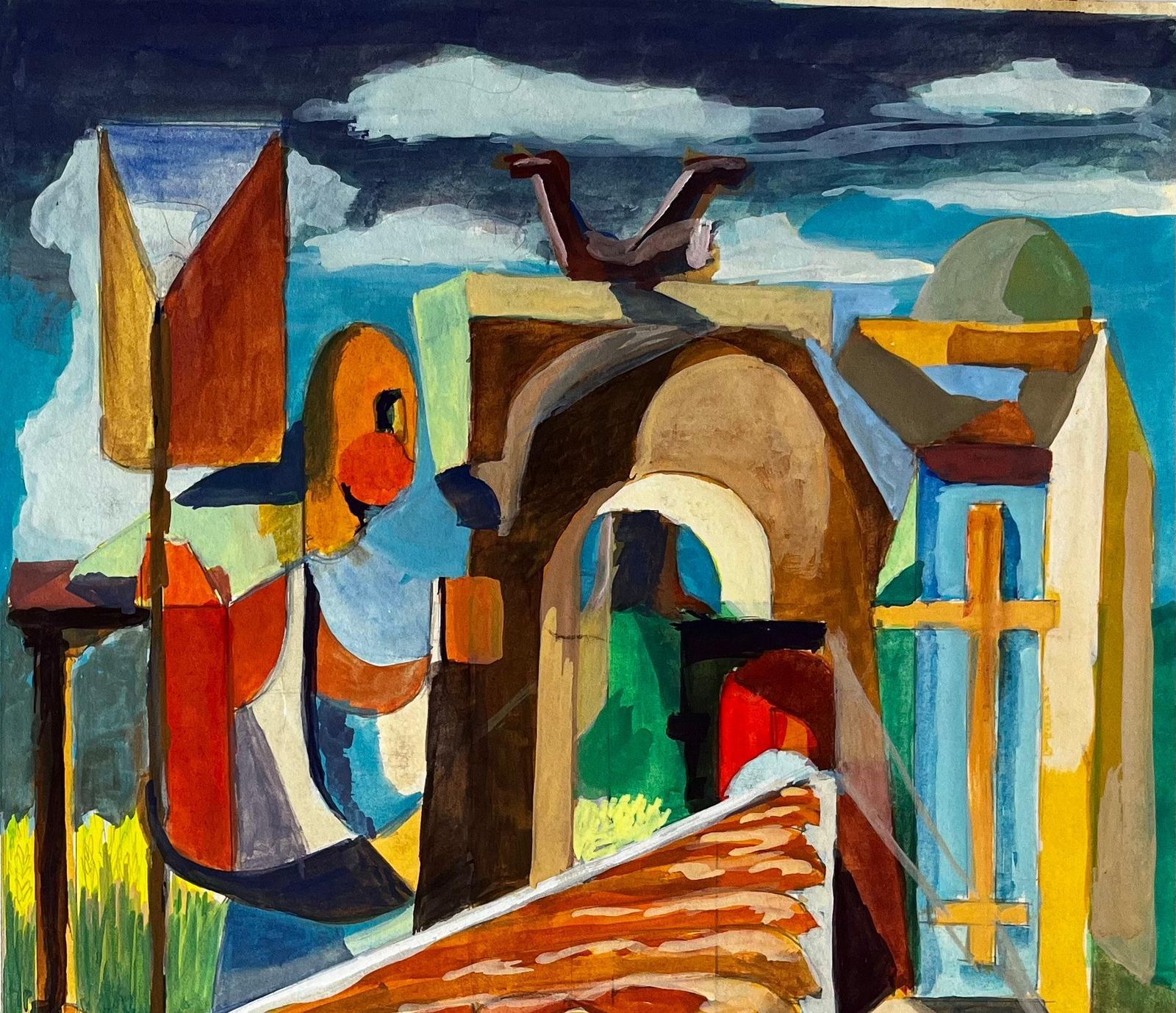 Guy Nicod Cubist Landscape And Architectural Scene With Figures And Arches photo Art