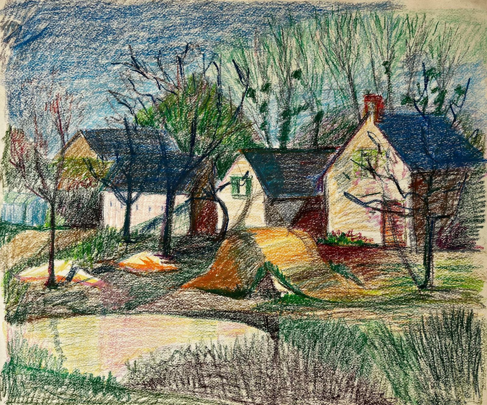 Guy Nicod French Countryside Cottages With Trees And Spring Light Pastel Drawing