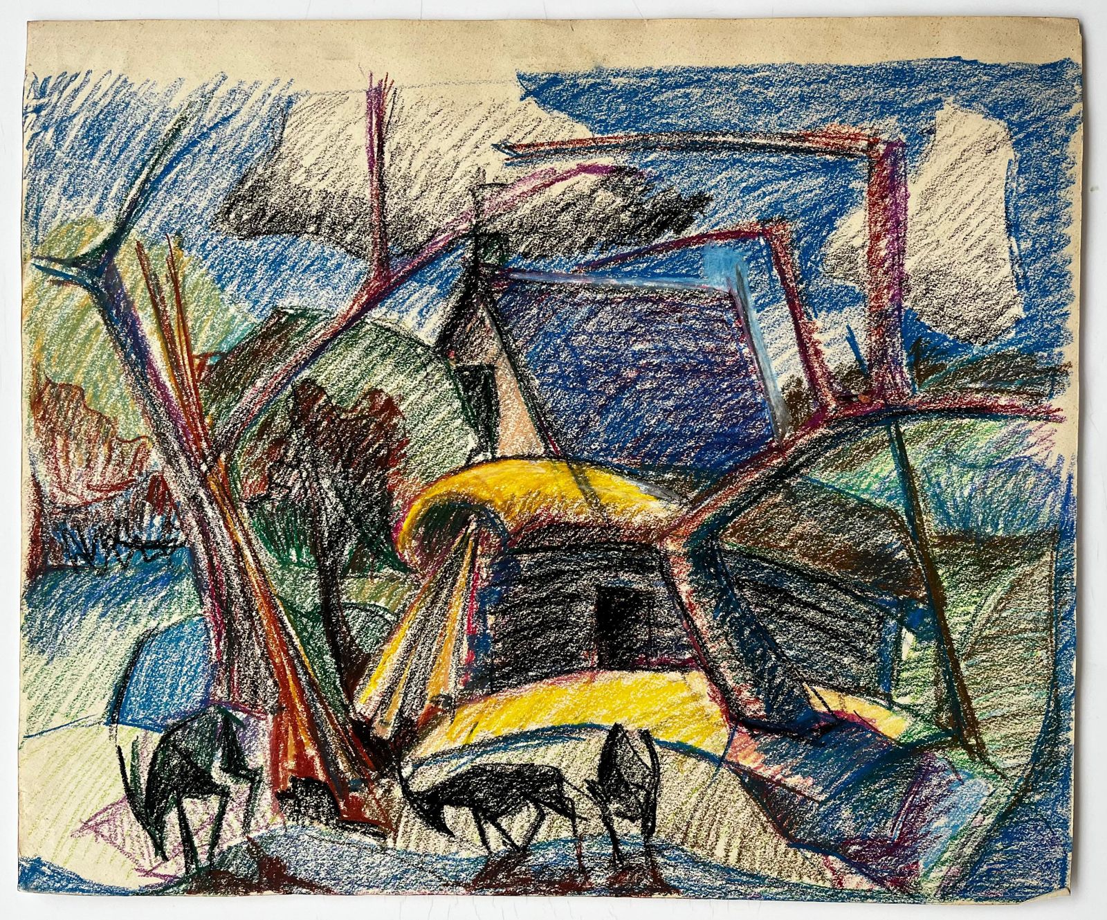 Guy Nicod Modernist French Landscape With Cows Trees And Yellow And Blue Roofs photo furniture