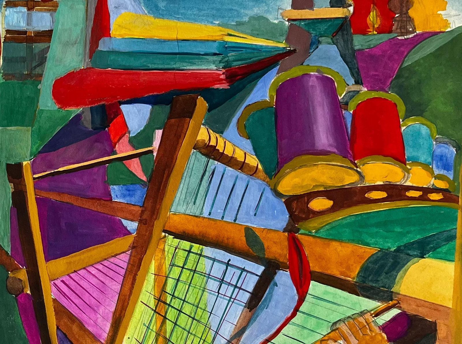 Guy Nicodcubist Aviation And Musical Scene With Airplanes Instruments And Abstract Figure photo Art