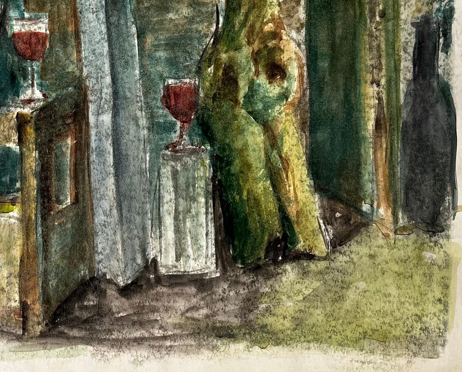 Guy Nicodwine Bottles Wooden Crate And Red Wine Glasses French Still Life Watercolour photo 275.0