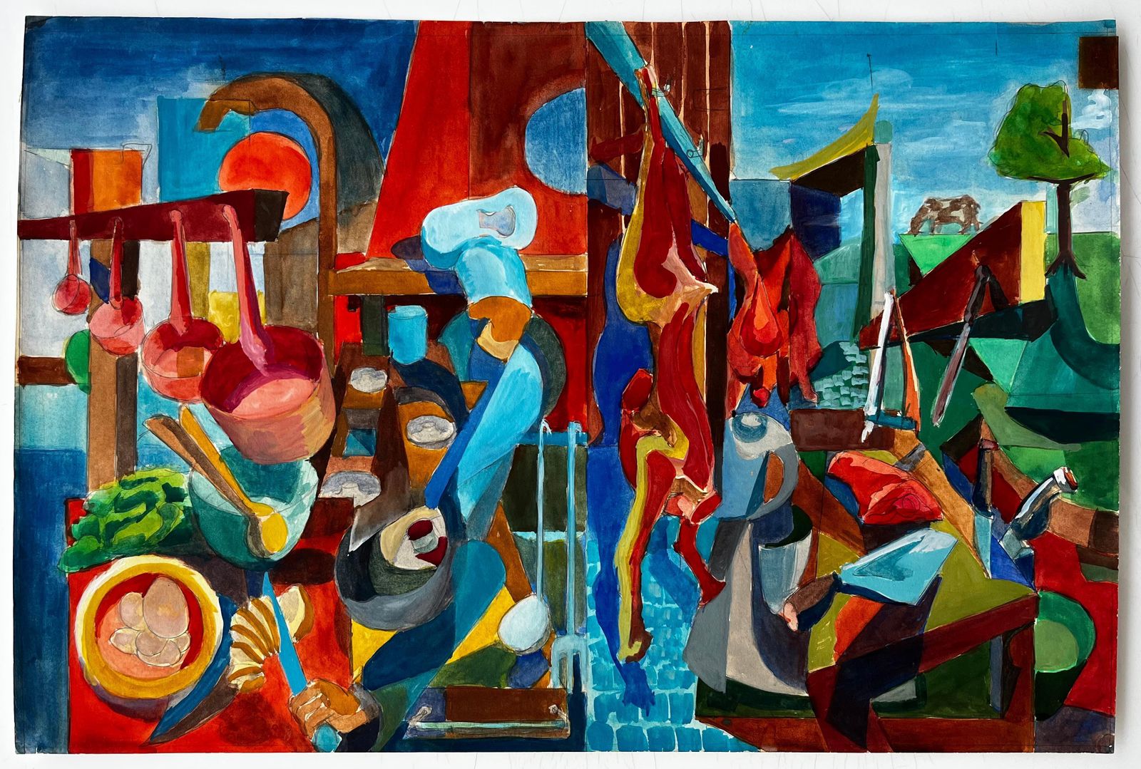 Cubist Kitchen And Butcher Scene With Hanging Meats And Utensils photo furniture