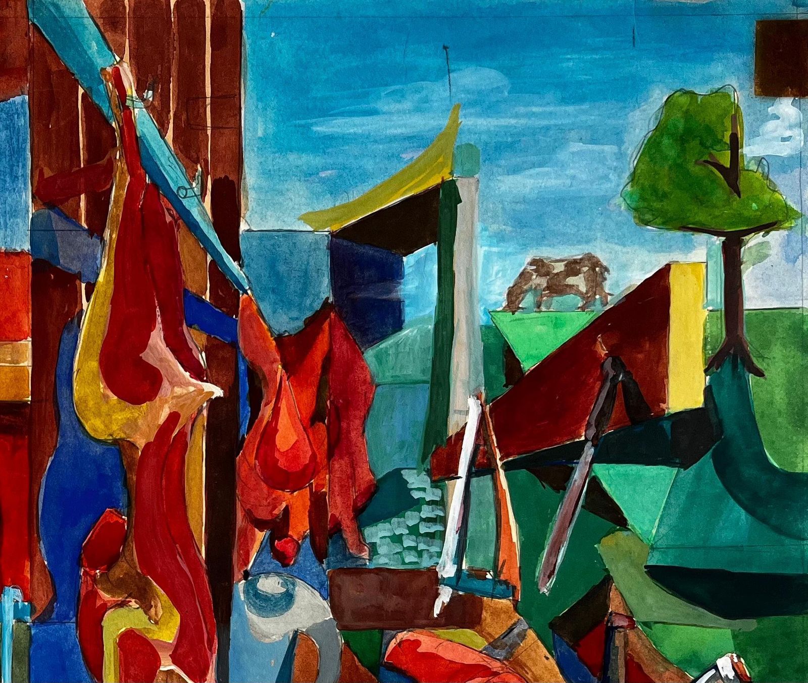 Cubist Kitchen And Butcher Scene With Hanging Meats And Utensils photo Art