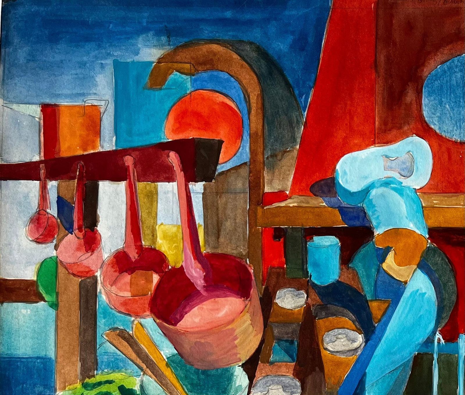 Cubist Kitchen And Butcher Scene With Hanging Meats And Utensils photo buy