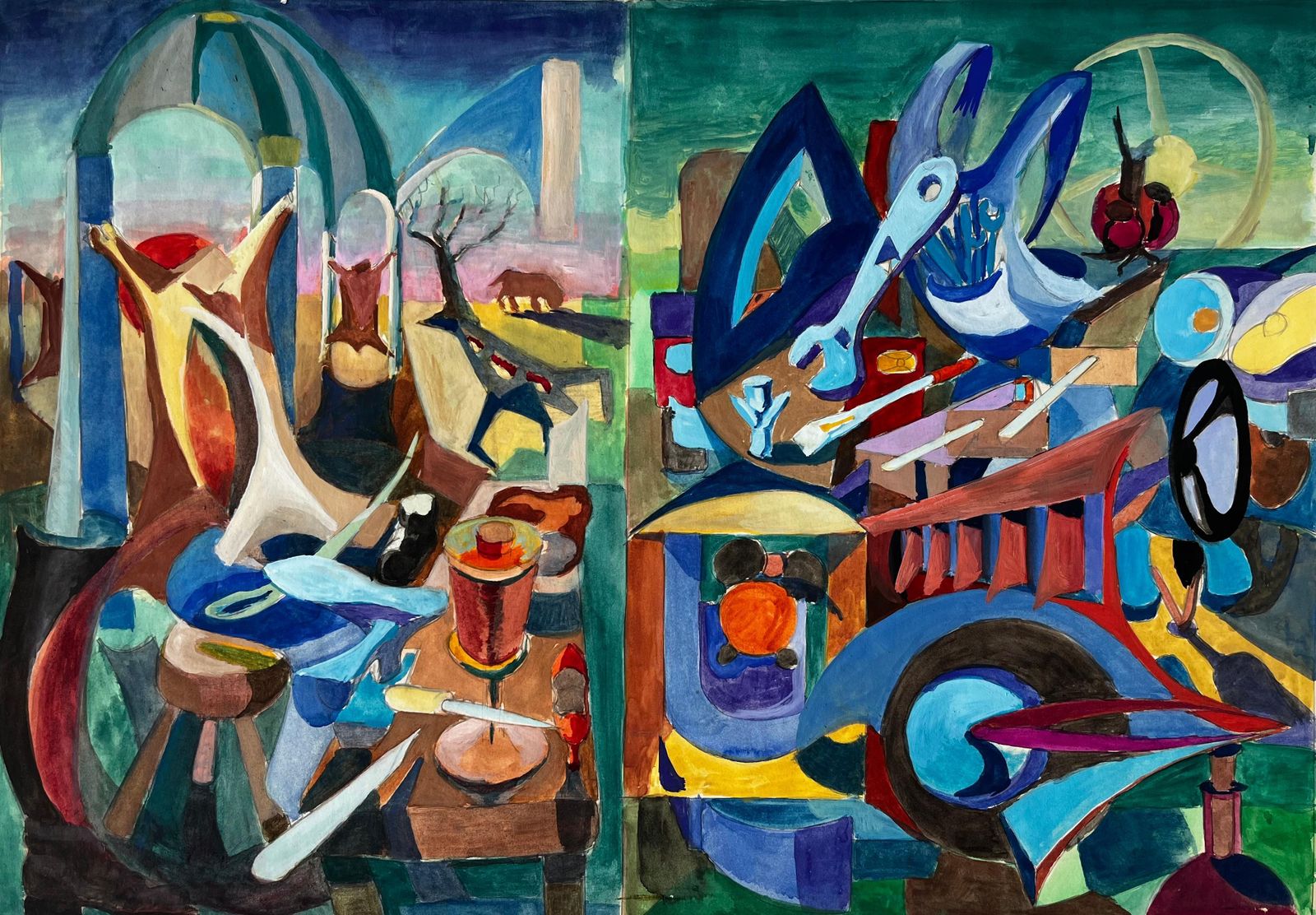 Guy Nicodcubist Workshop And Architectural Scene With Tools And Abstract Figures