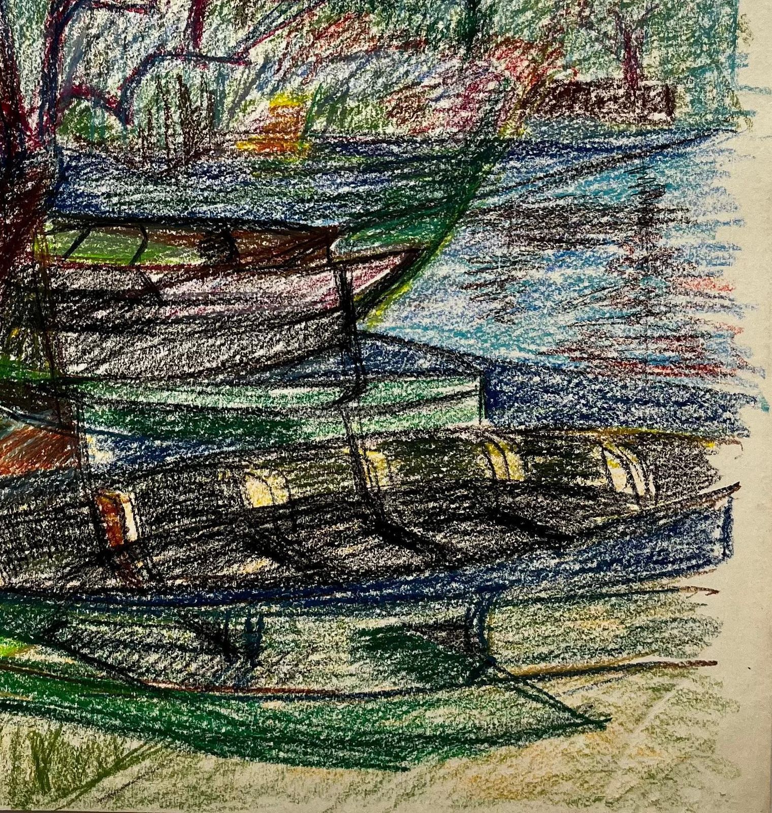 Guy Nicod Moored Boats And Bare Trees By Riverbank French Pastel Drawing photo furniture