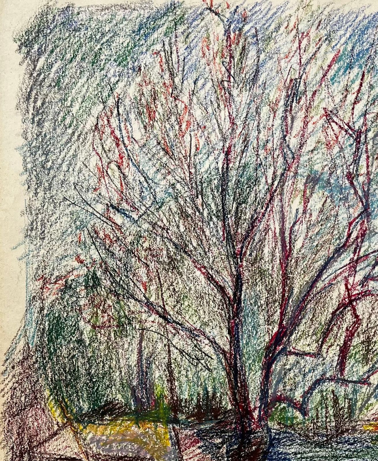 Guy Nicod Moored Boats And Bare Trees By Riverbank French Pastel Drawing photo vinterior