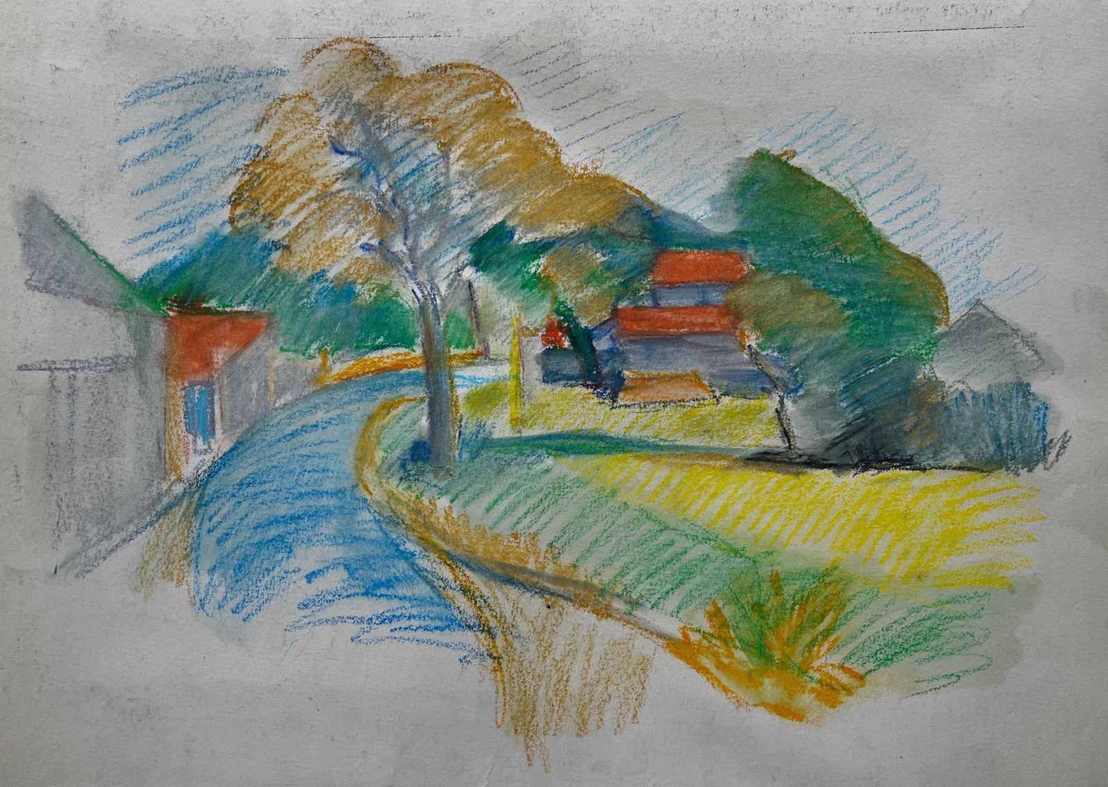 Guy Nicodpeaceful French Village Curve With Red Roofs And Tree Pastel Drawing