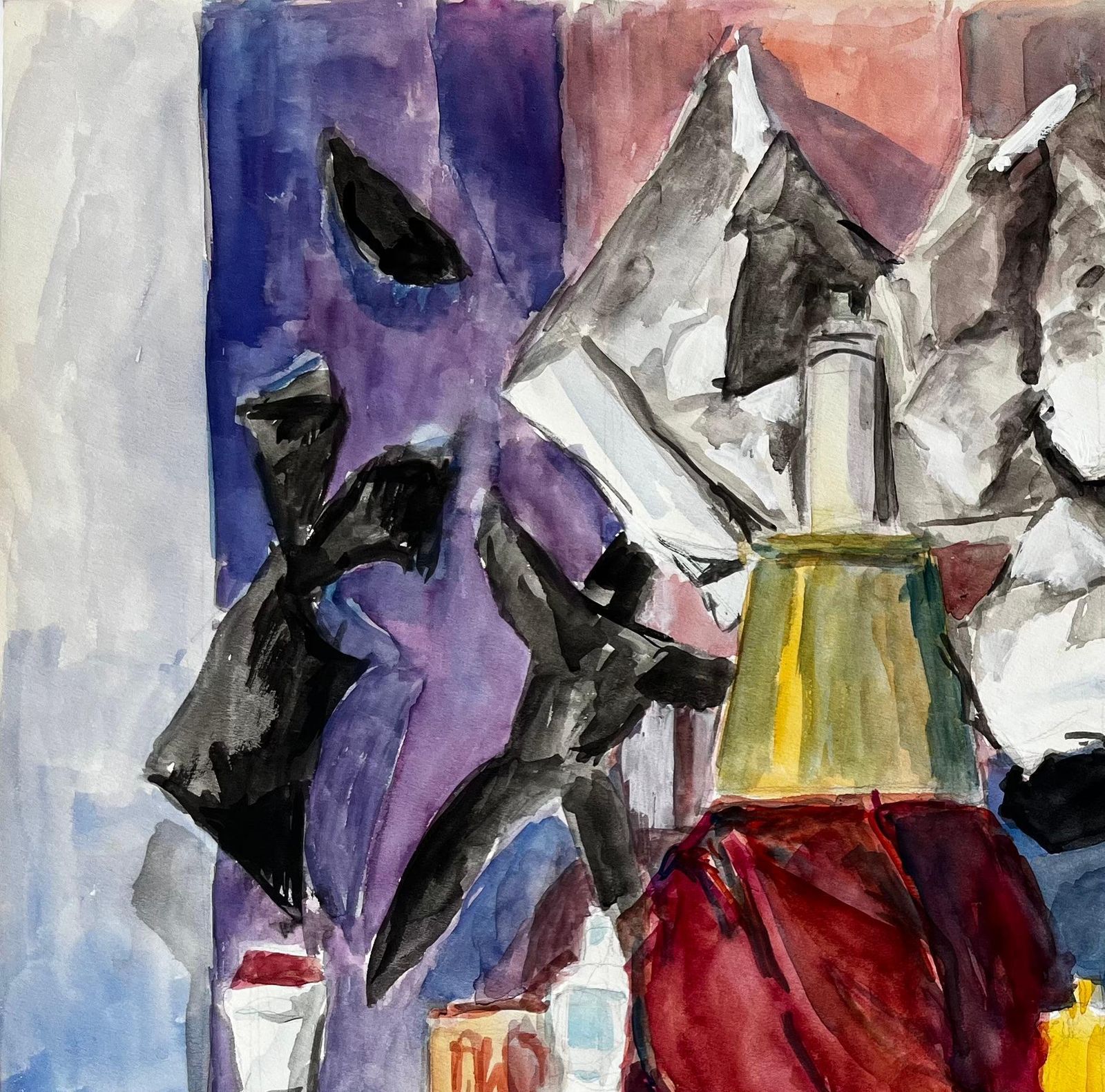 Guy Nicodfrench Cubist Still Life With Bottles Draped Cloth And Abstract Background photo buy