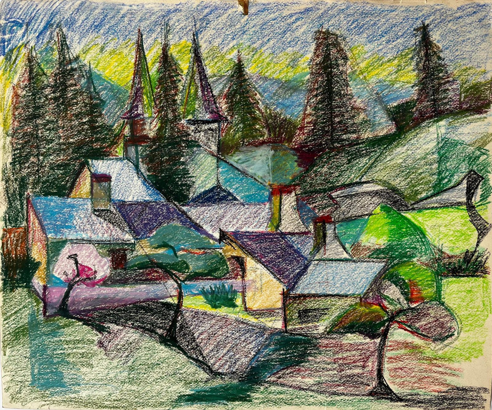 Guy Nicodfrench Village With Steeples And Pine Trees Colourful Pastel Landscape Drawing
