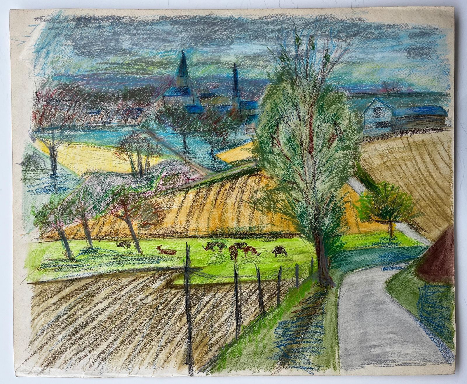 Guy Nicodfrench Countryside Landscape With Cows Fields And Village Church Spires Drawing photo furniture