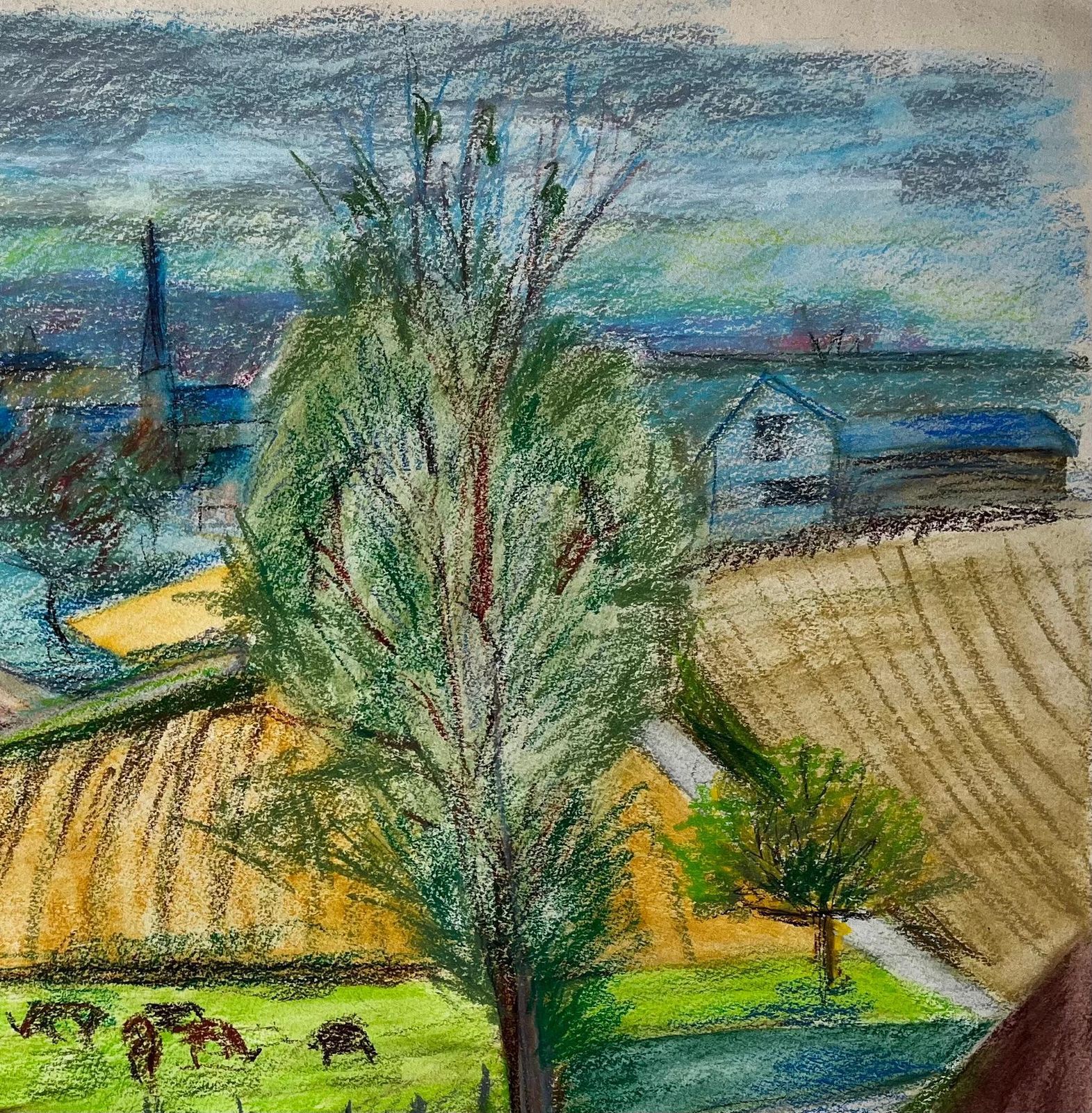 Guy Nicodfrench Countryside Landscape With Cows Fields And Village Church Spires Drawing photo Art