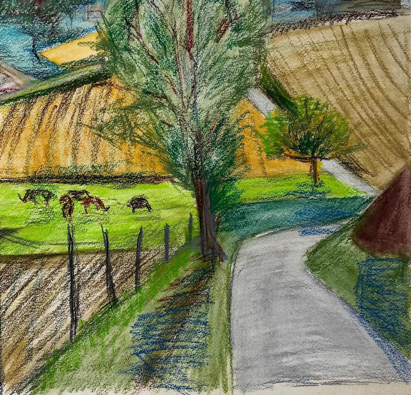 Guy Nicodfrench Countryside Landscape With Cows Fields And Village Church Spires Drawing photo 607.0
