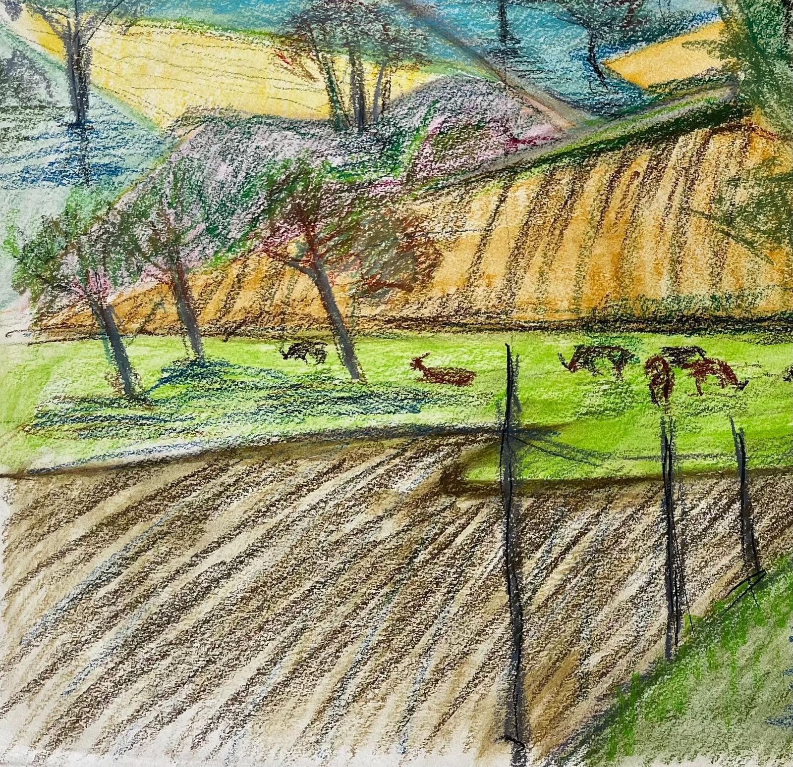 Guy Nicodfrench Countryside Landscape With Cows Fields And Village Church Spires Drawing photo vinterior