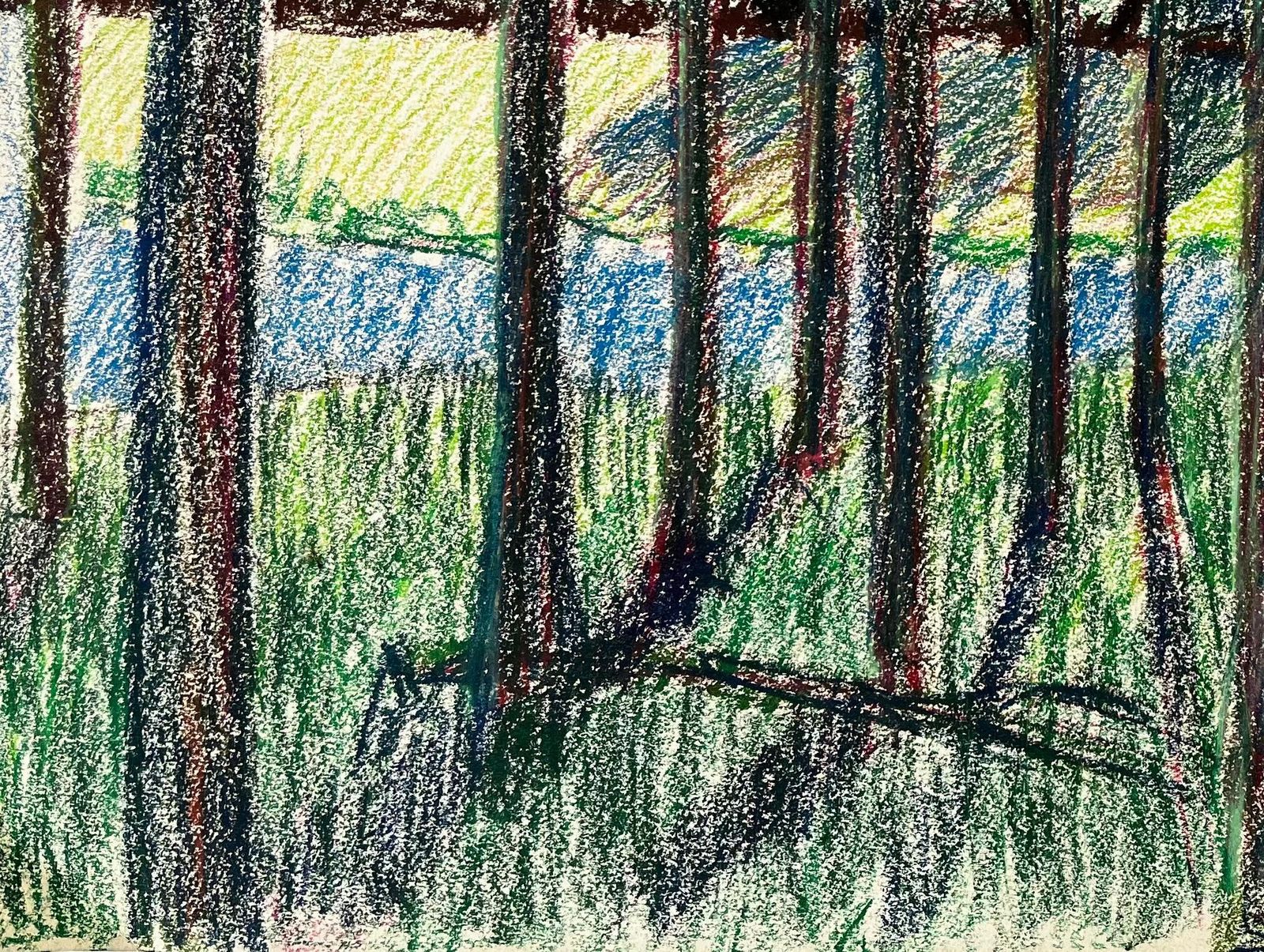 Guy Nicod Colourful French Village Landscape Seen Through Trees Pastel Drawing photo vinterior