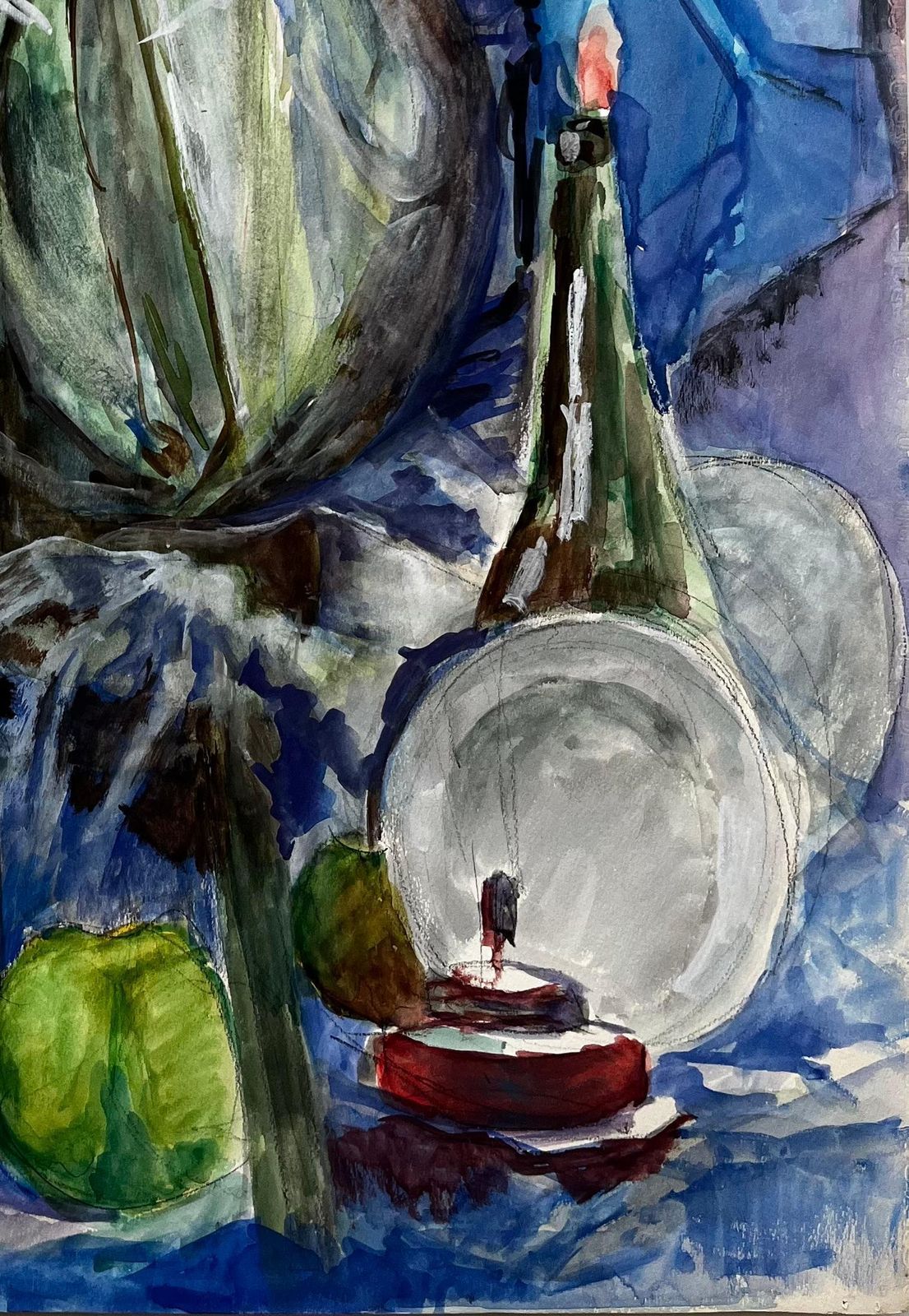 Guy Nicodlarge Demijohn Bottle With Green Apples French Still Life Watercolour Painting photo 372.0