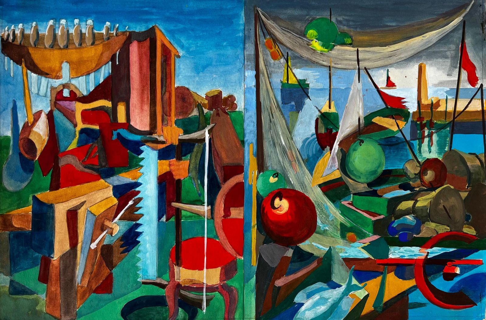 Guy Nicod Cubist Harbour Scene With Boats Nets And Fishing Equipment