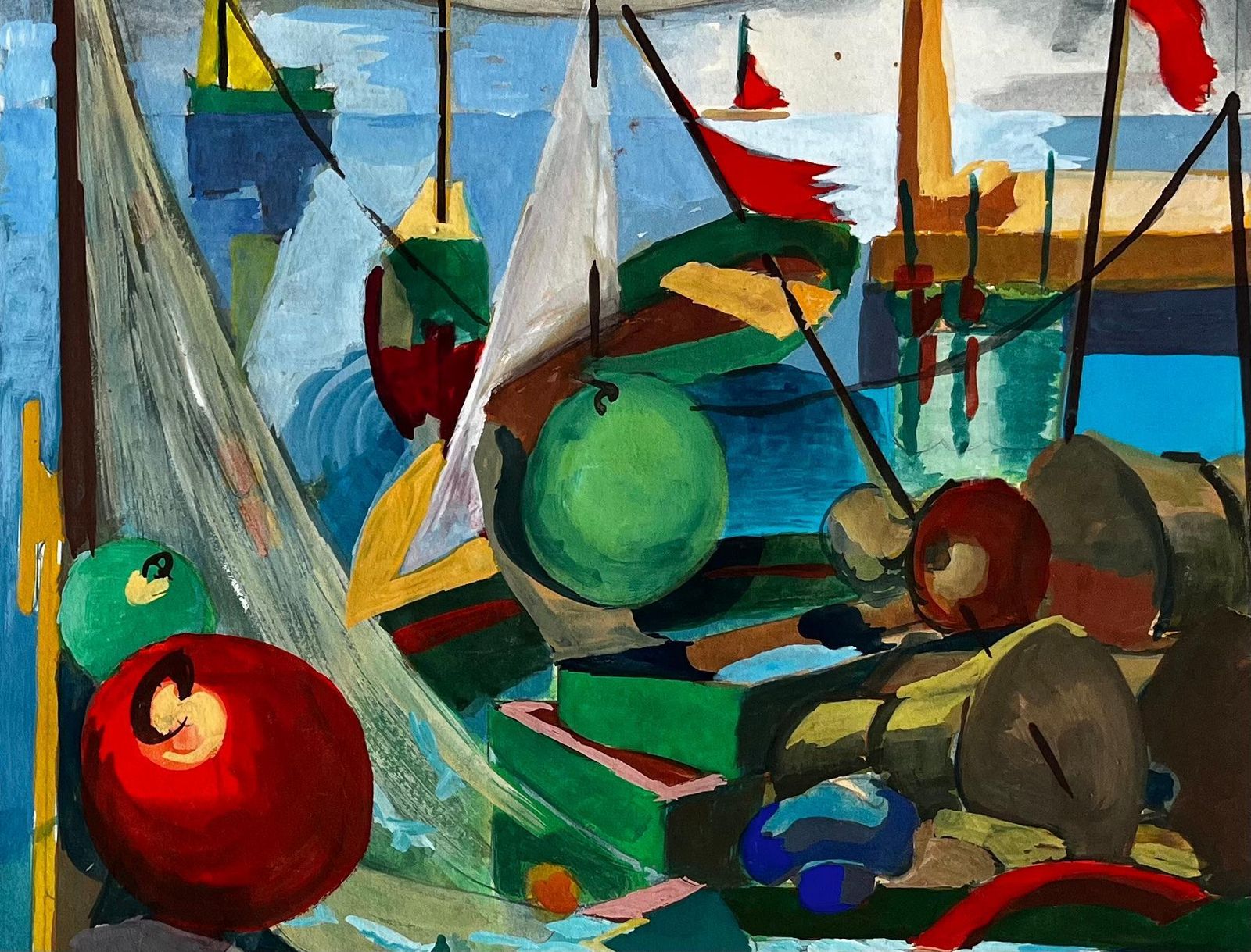 Guy Nicod Cubist Harbour Scene With Boats Nets And Fishing Equipment photo vintage