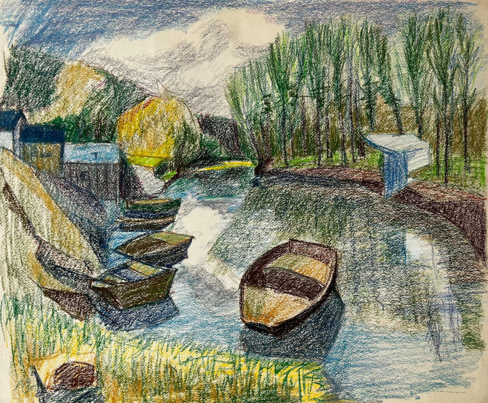 Guy Nicod French Riverbank Scene With Rowboats Trees And Reflections Pastel Drawing