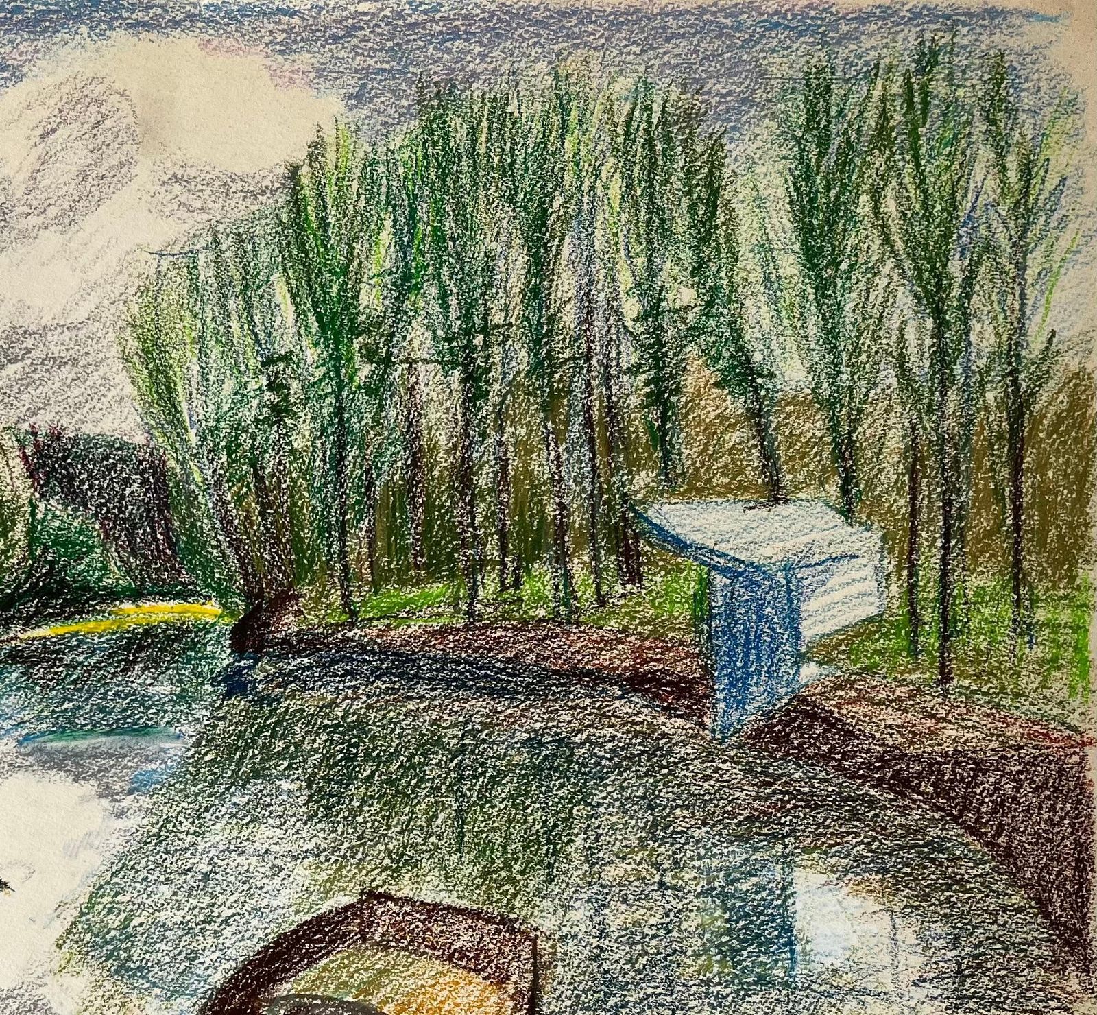 Guy Nicod French Riverbank Scene With Rowboats Trees And Reflections Pastel Drawing photo Art