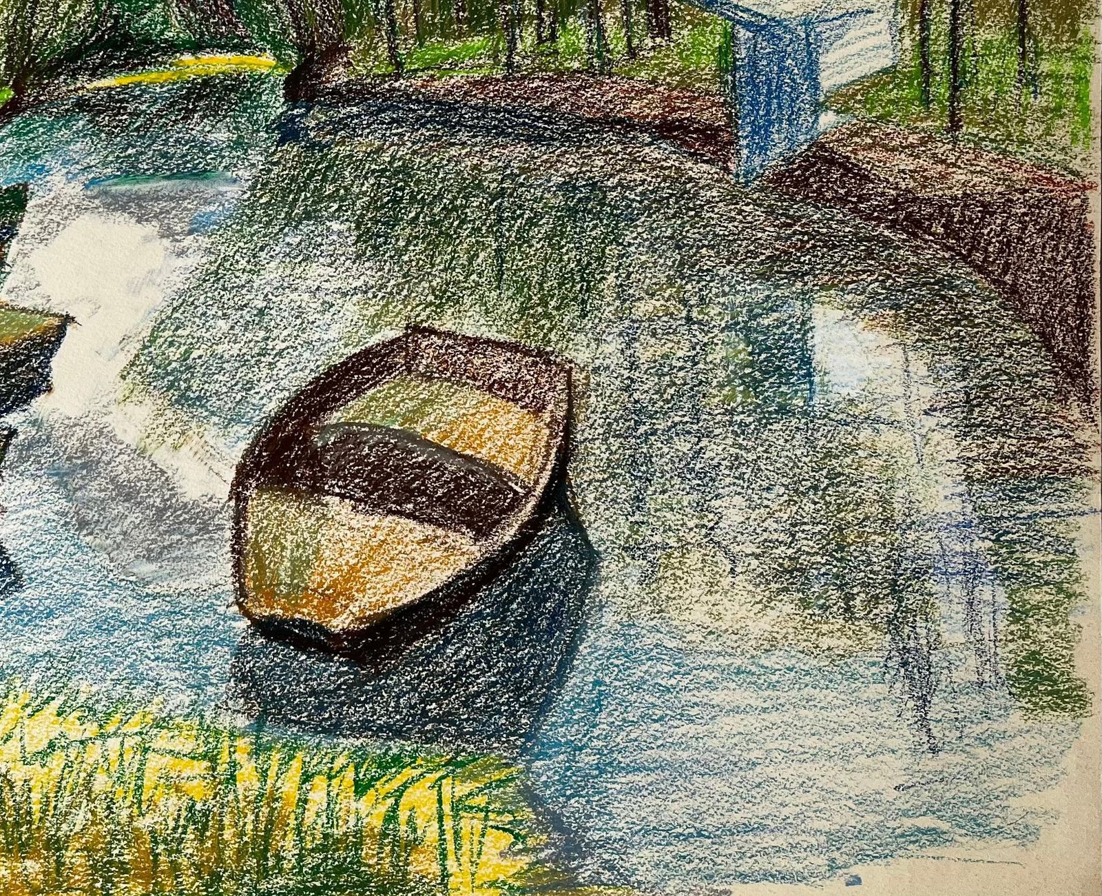Guy Nicod French Riverbank Scene With Rowboats Trees And Reflections Pastel Drawing photo vinterior
